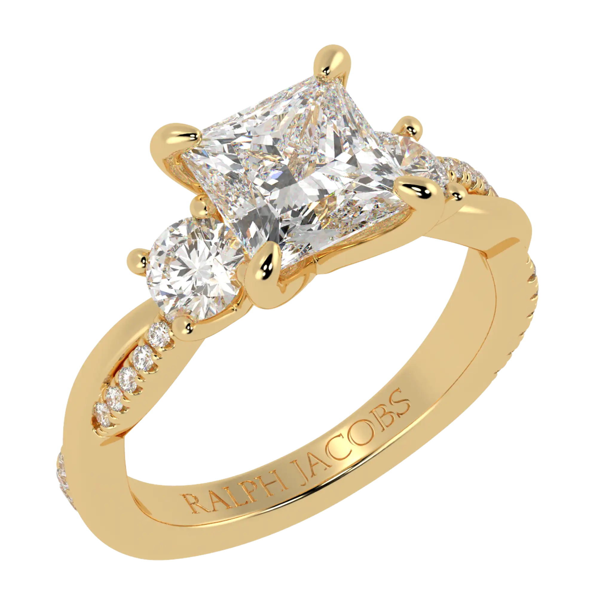 Jasmine 18K Yellow Gold Three Stone Engagement Ring | Princess Shape