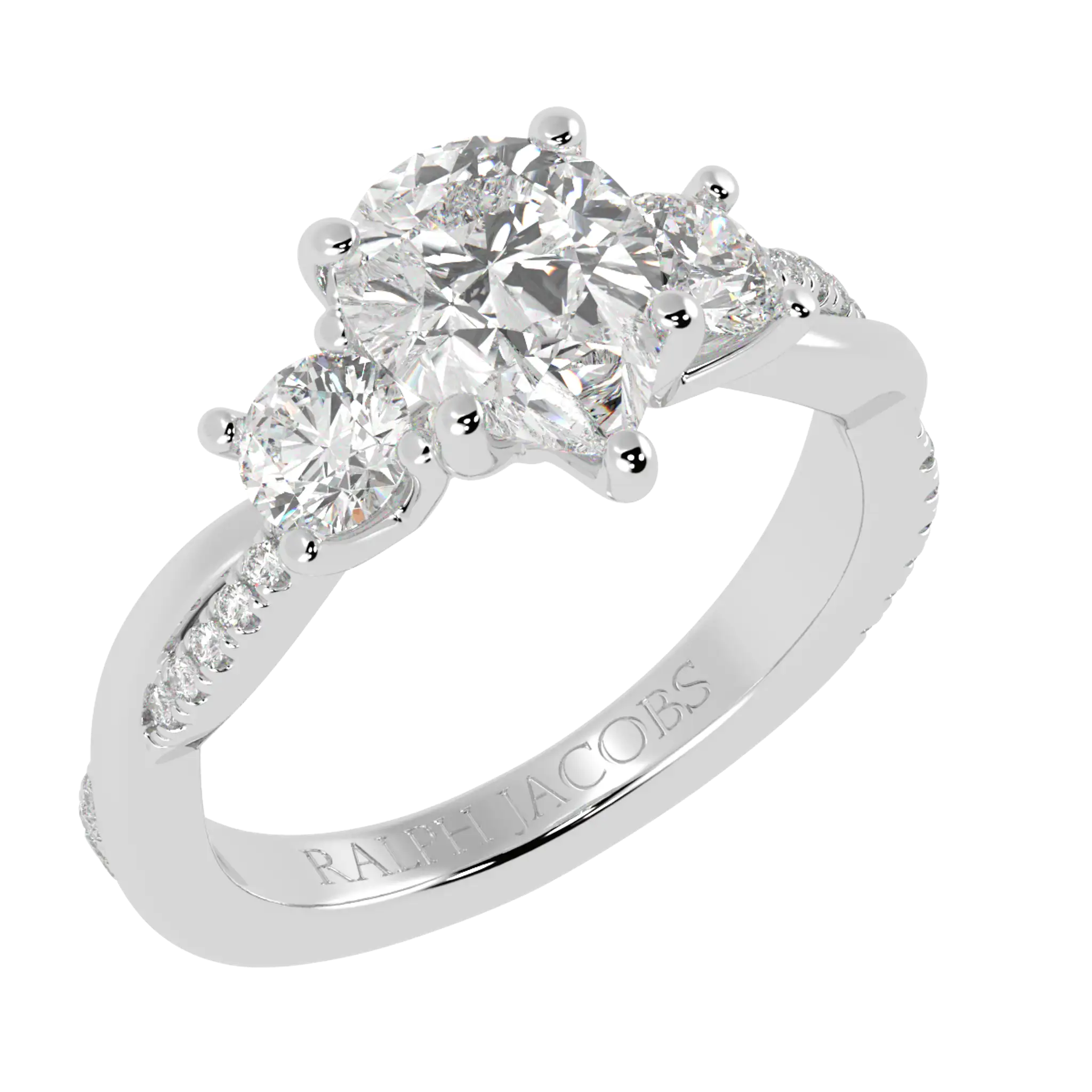 Jasmine 9K White Gold Three Stone Engagement Ring | Pear Shape