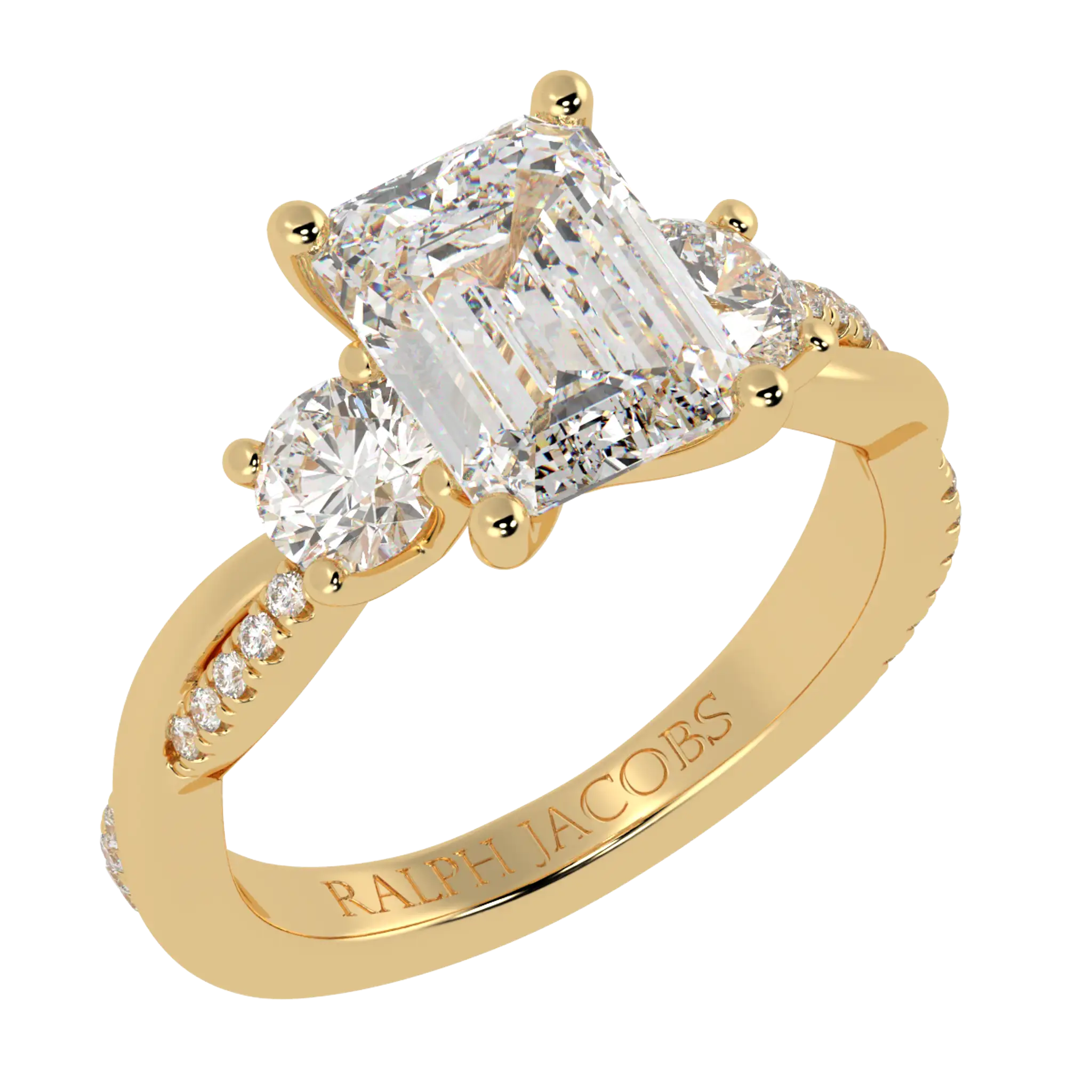 Jasmine 18K Yellow Gold Three Stone Engagement Ring | Emerald Shape