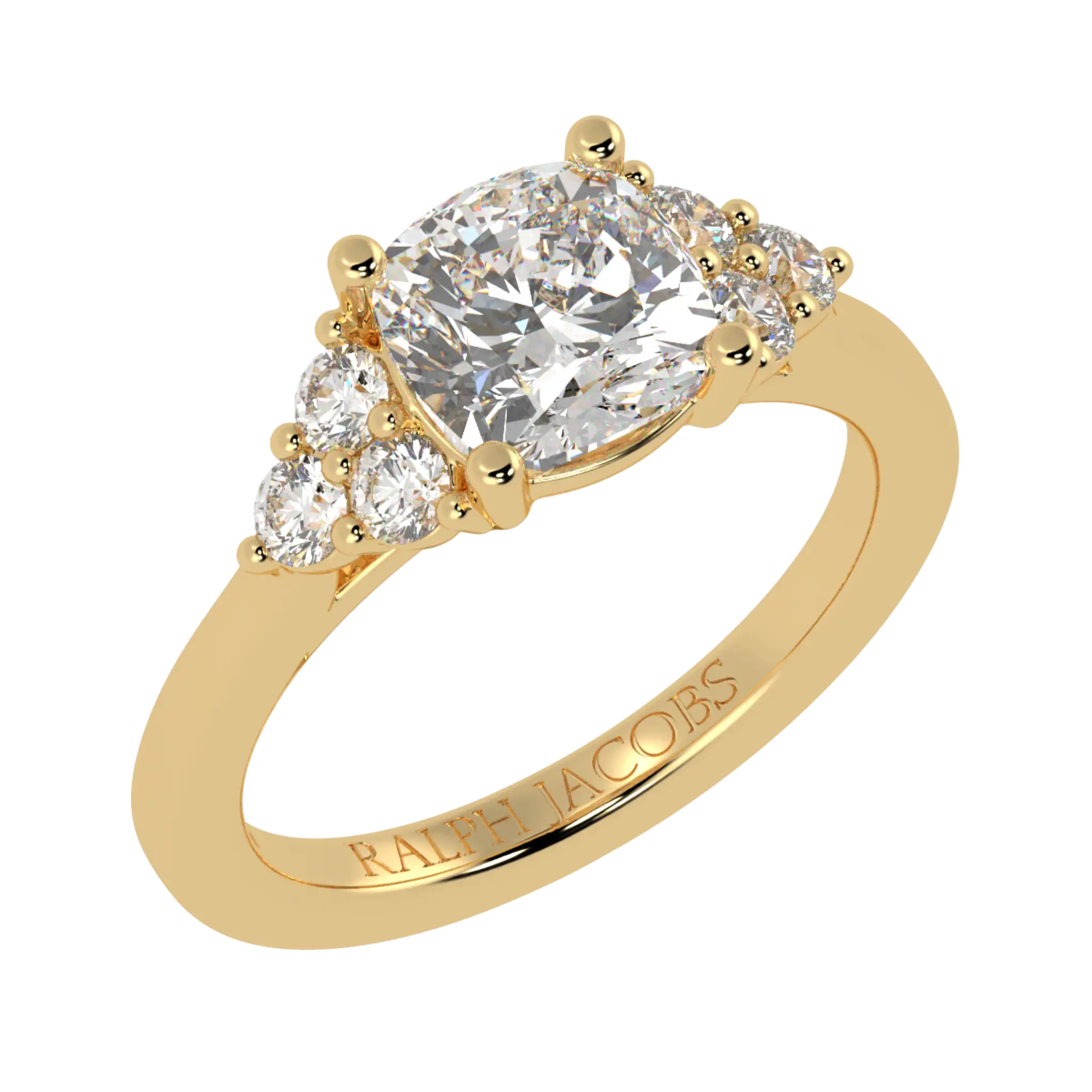 Carrie 9K Yellow Gold Side Stone Engagement Ring | Cushion Shape