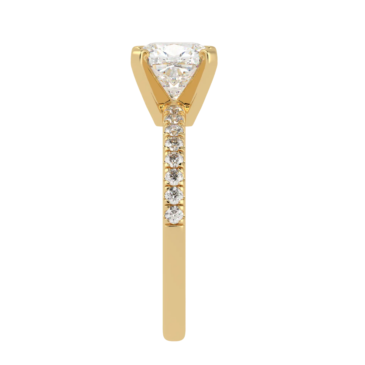 Nikki Accent – 18K Yellow Gold – 8mm Moissanite Cushion – Moissanite