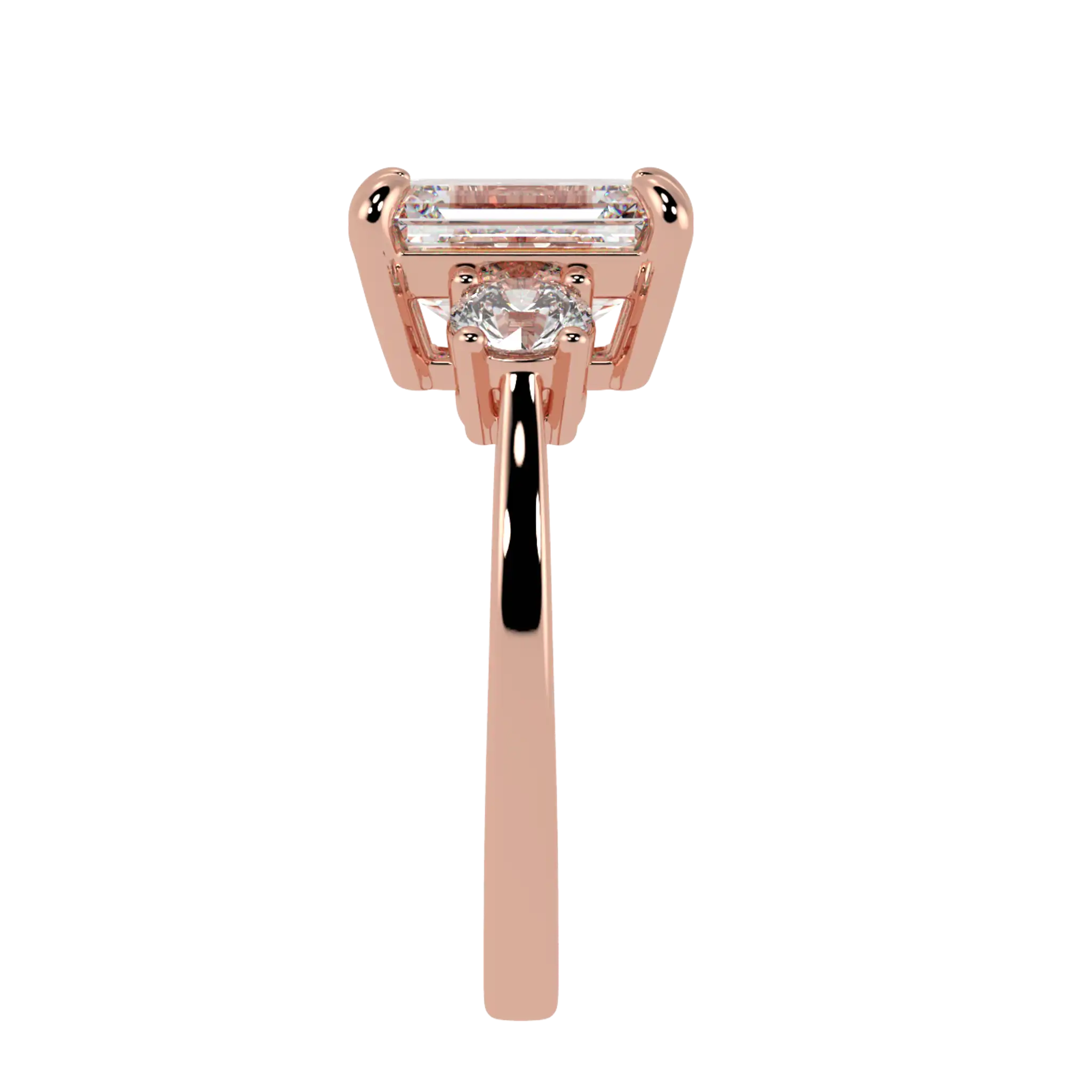 Selene 14K Rose Gold Three Stone Engagement Ring | Emerald Shape