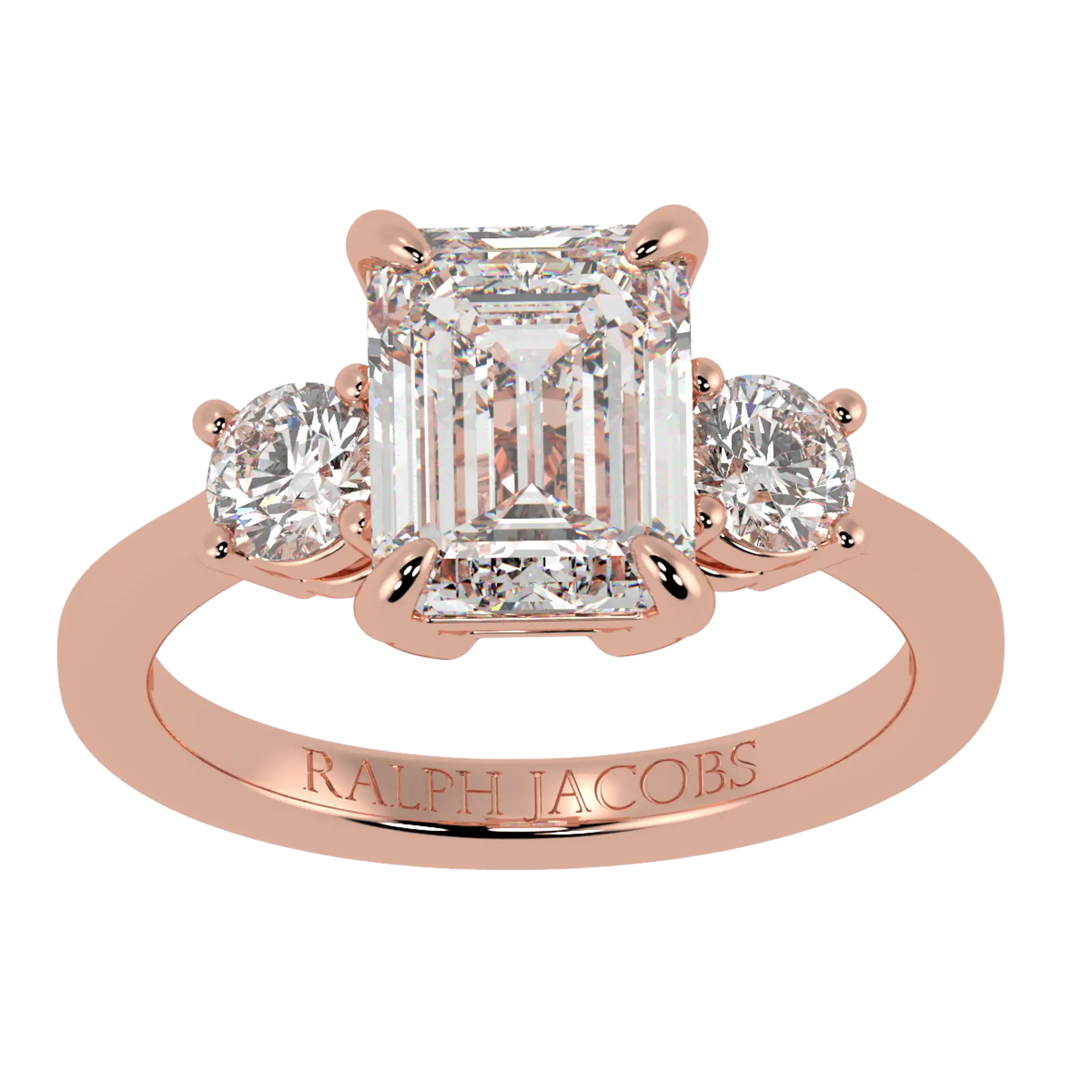 Selene 14K Rose Gold Three Stone Engagement Ring | Emerald Shape