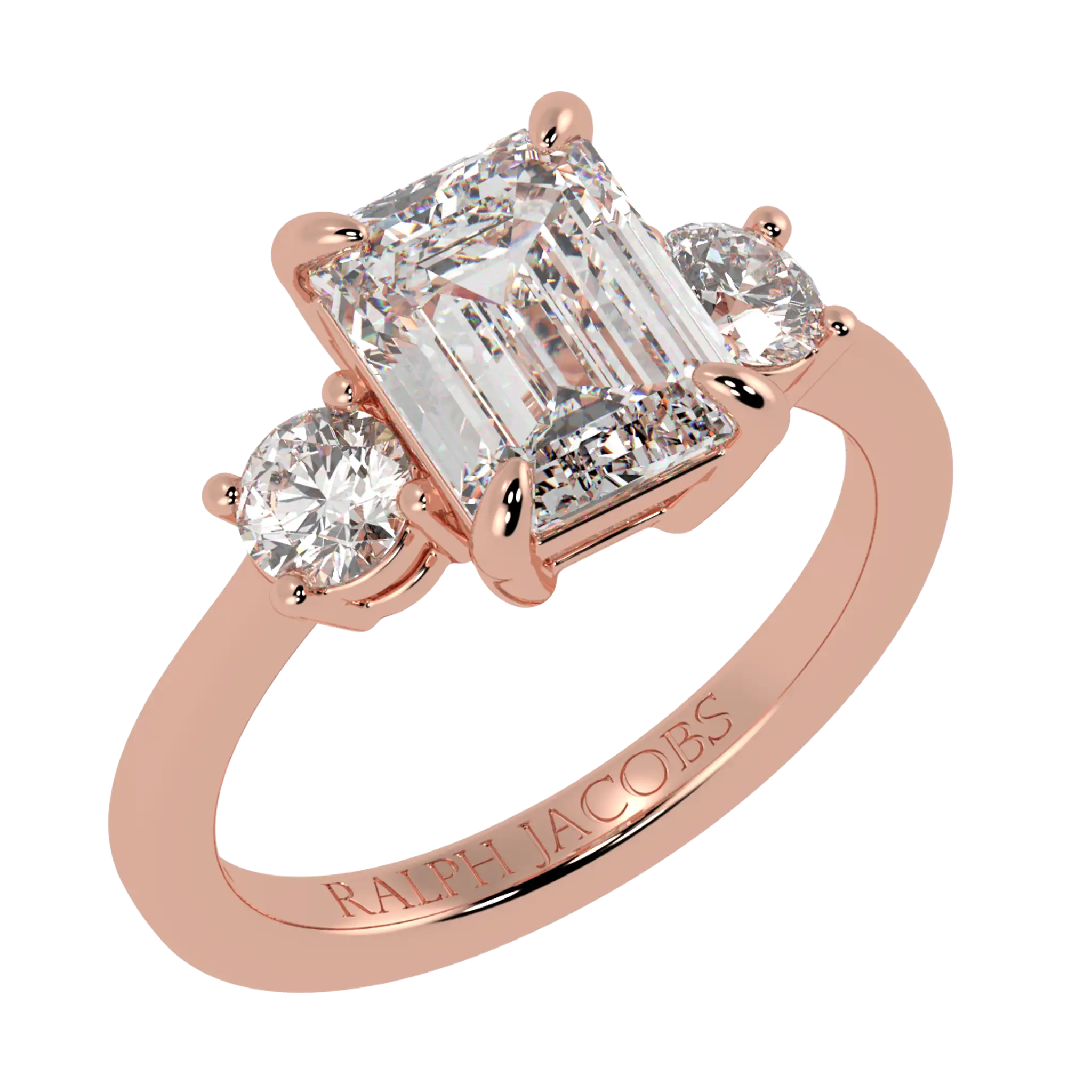 Selene 14K Rose Gold Three Stone Engagement Ring | Emerald Shape