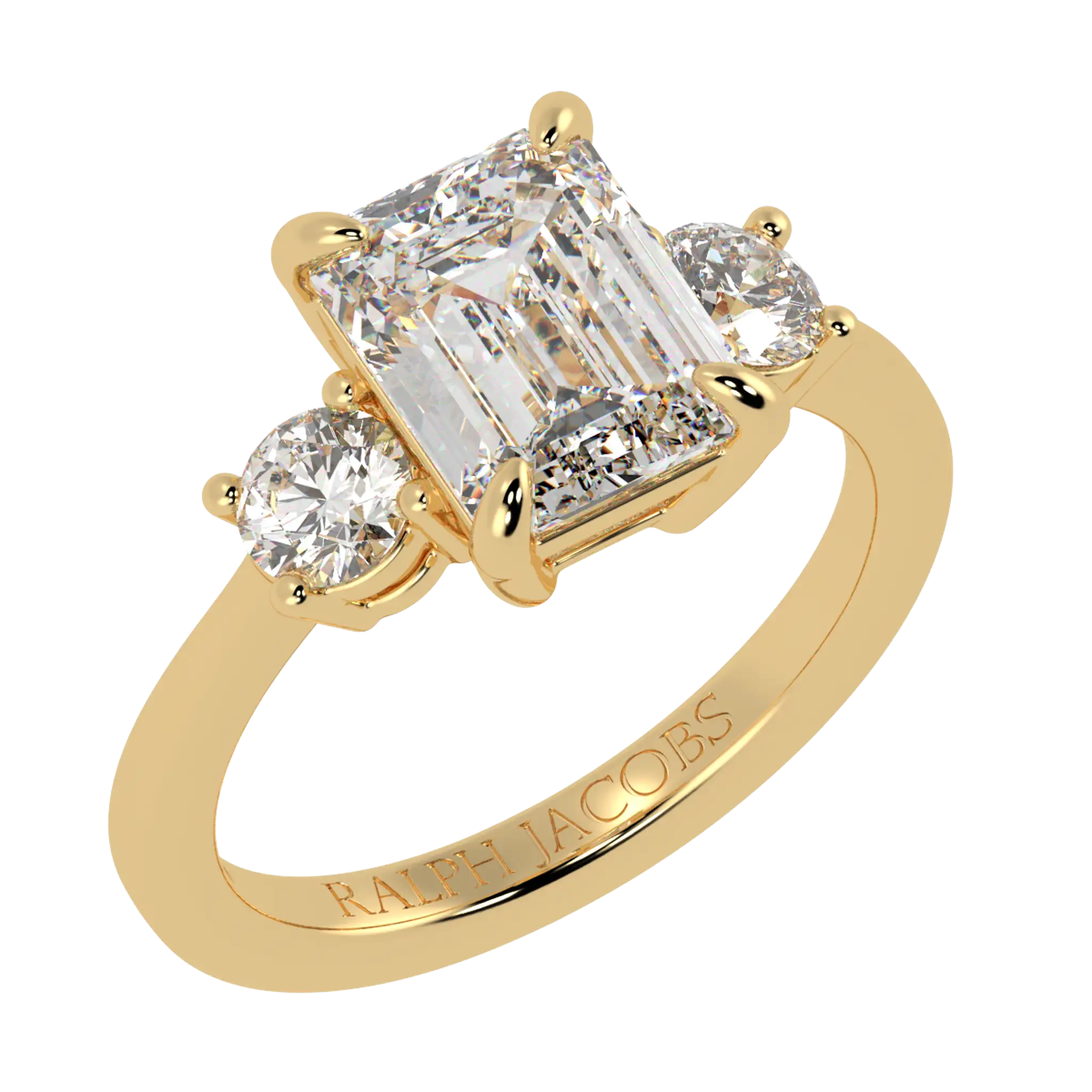 Selene 9K Yellow Gold Three Stone Engagement Ring | Emerald Shape