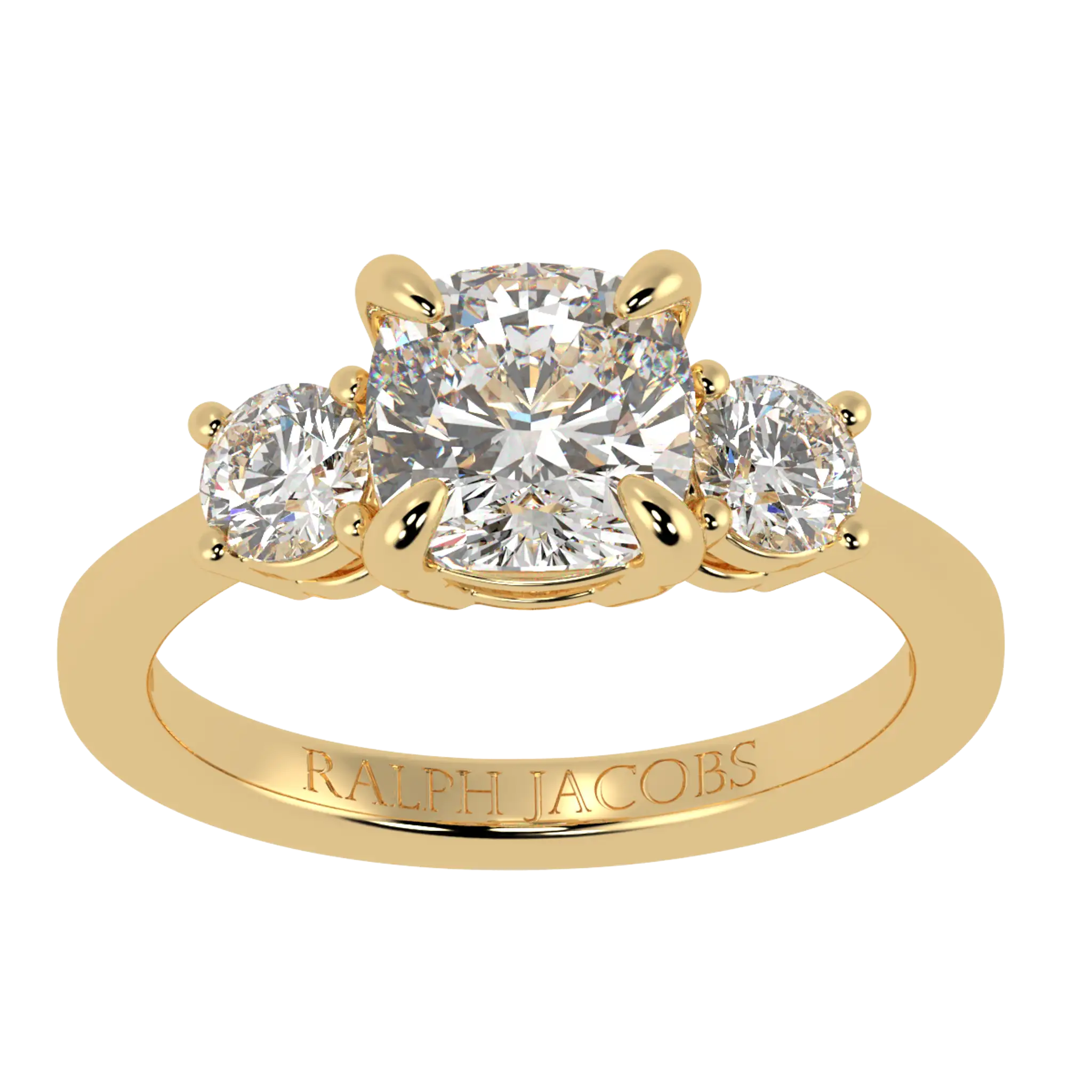 Selene 18K Yellow Gold Three Stone Engagement Ring | Cushion Shape