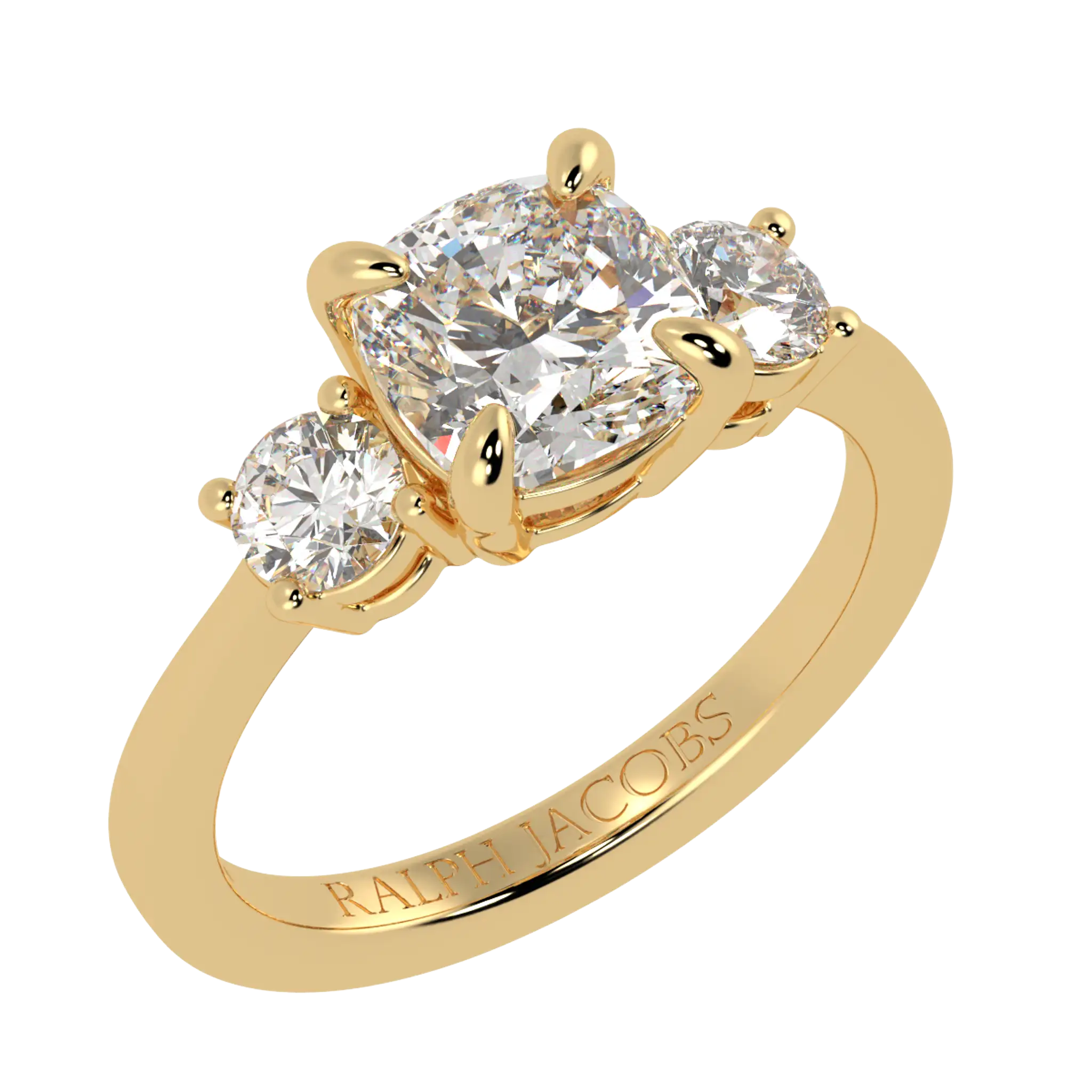 Selene 18K Yellow Gold Three Stone Engagement Ring | Cushion Shape