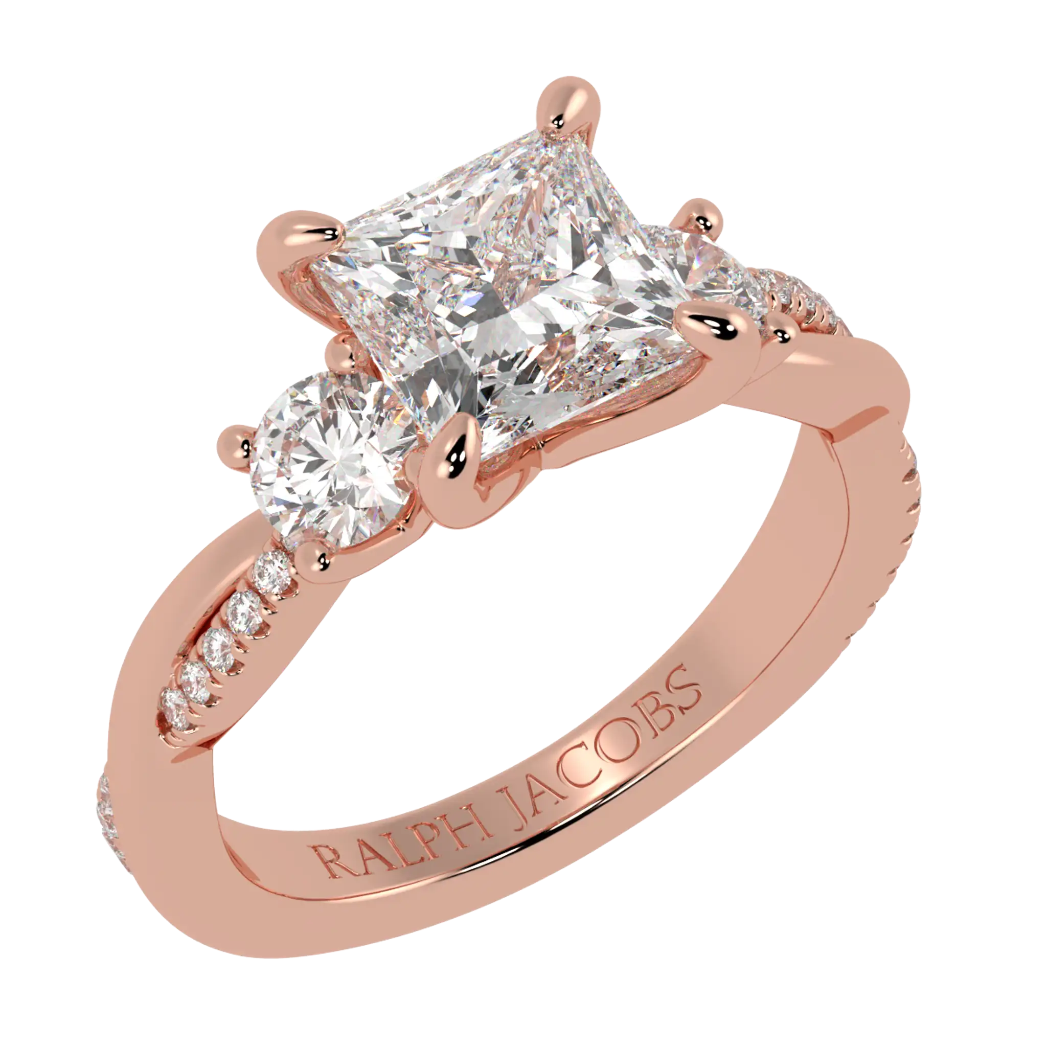 Bague de fiançailles à trois pierres en or rose 14 carats Jasmine | Forme princesse