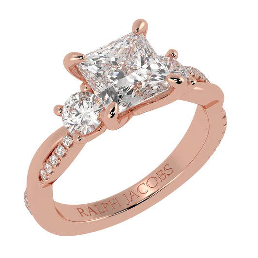 Jasmine 14K Rose Gold Three Stone Engagement Ring | Princess Shape