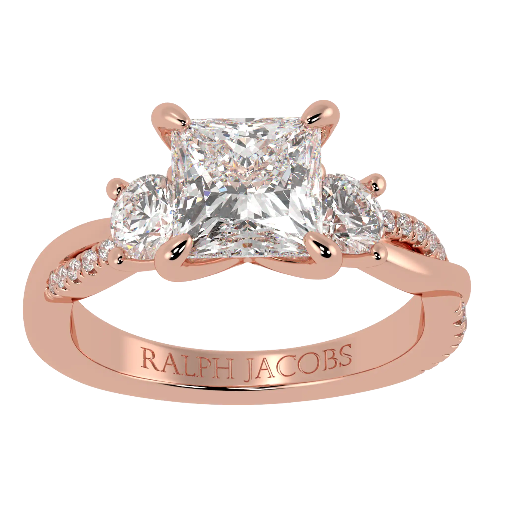 Jasmine 14K Rose Gold Three Stone Engagement Ring | Princess Shape