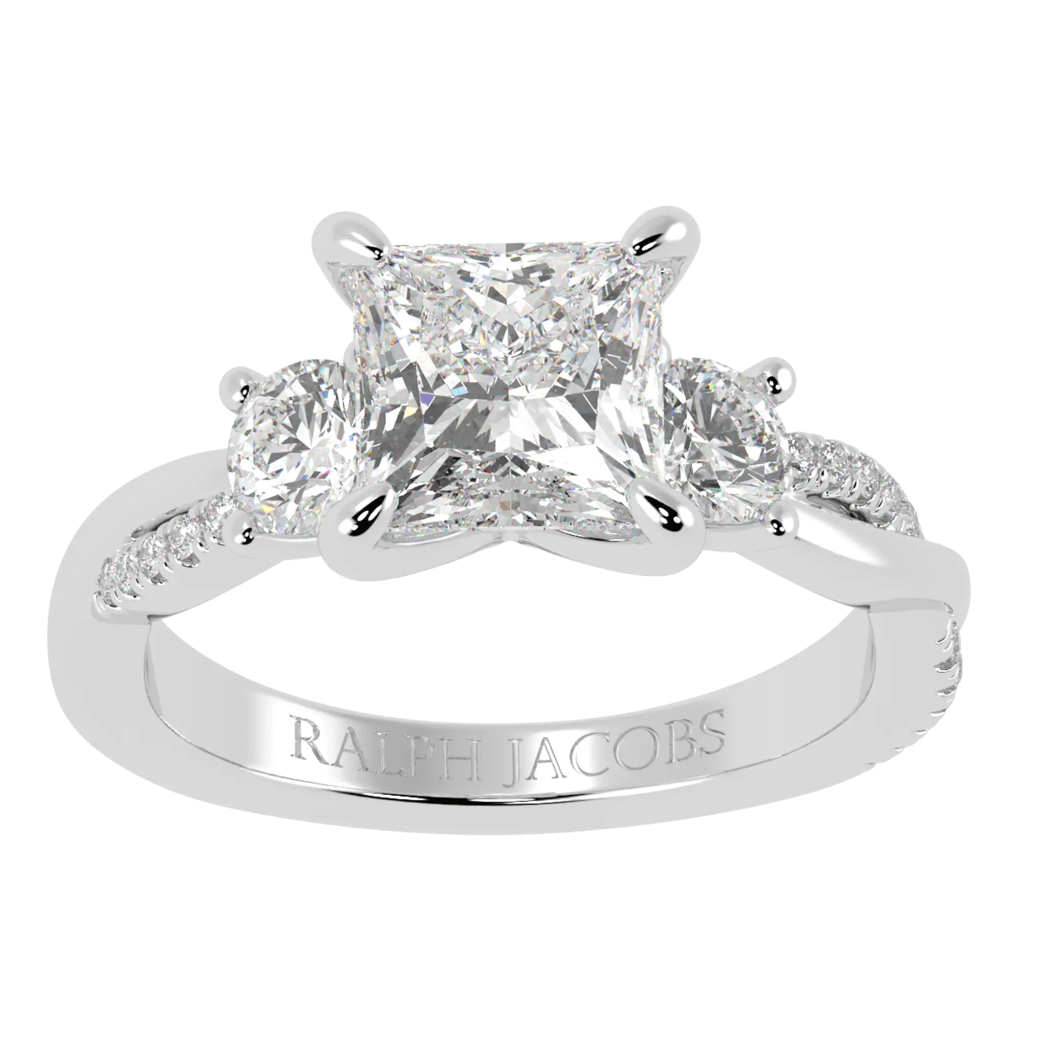 Jasmine 18K White Gold Three Stone Engagement Ring | Princess Shape