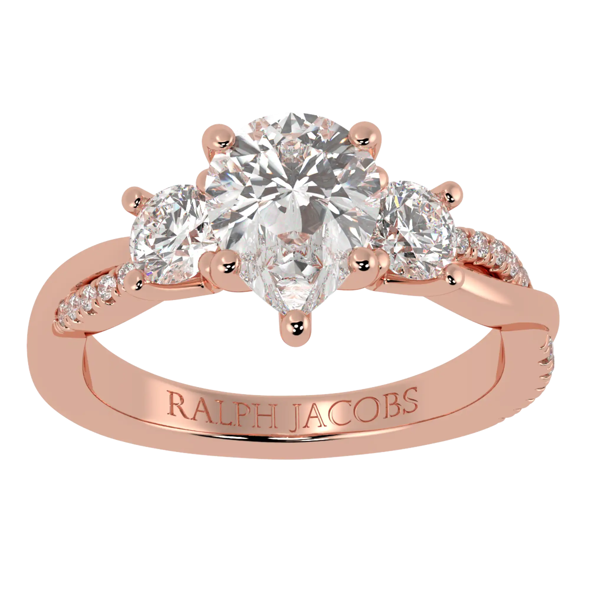 Jasmine 14K Rose Gold Three Stone Engagement Ring | Pear Shape