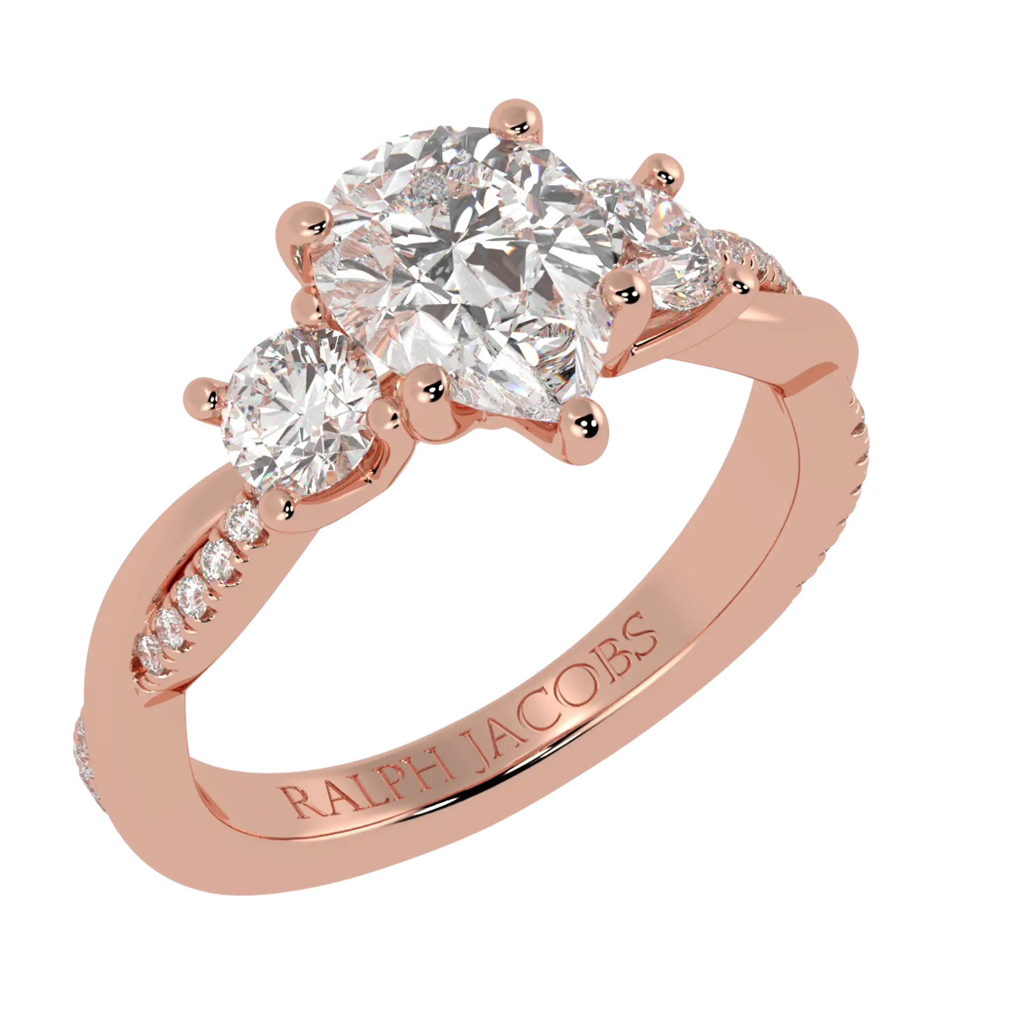 Jasmine 14K Rose Gold Three Stone Engagement Ring | Pear Shape