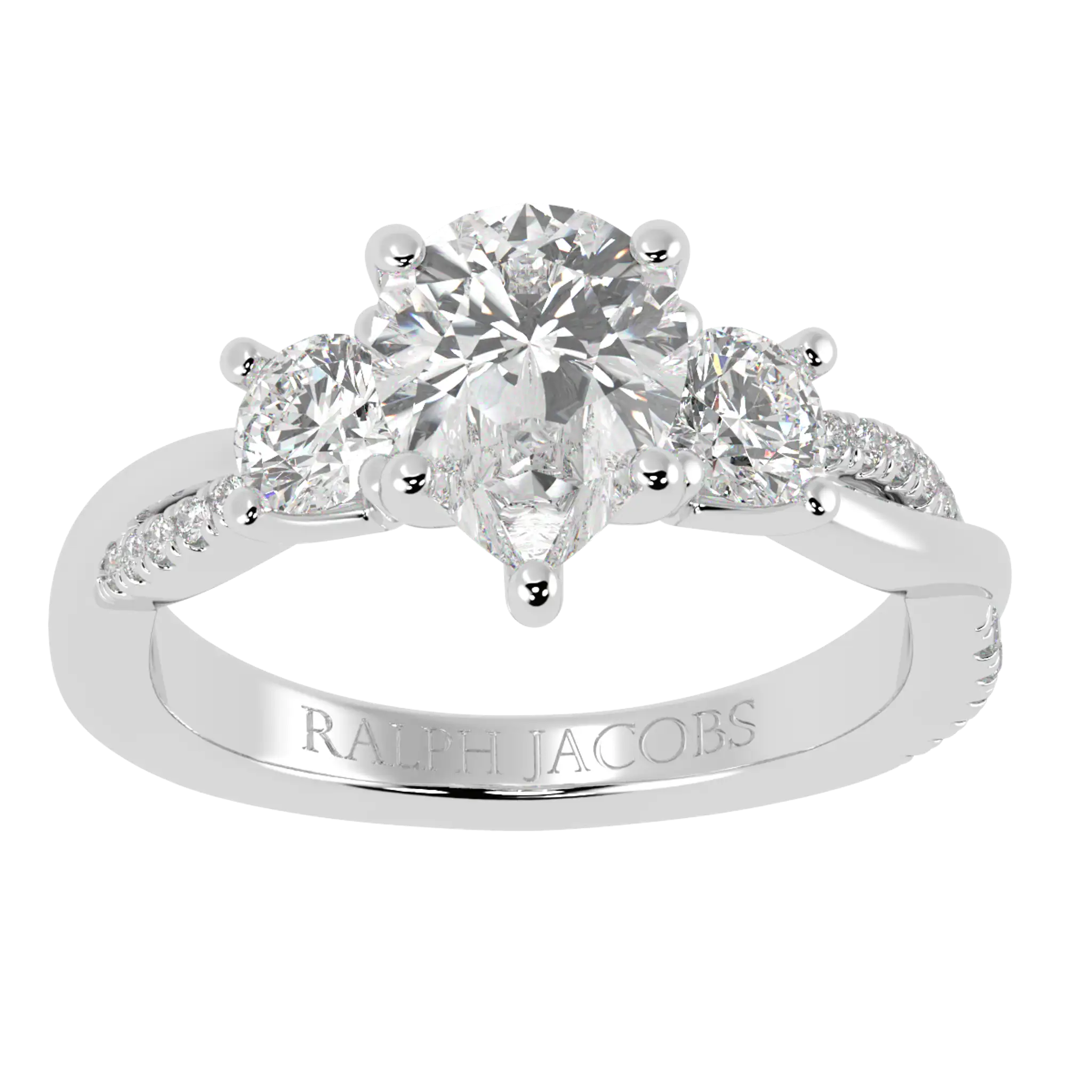 Bague de fiançailles à trois pierres en or blanc 18 carats Jasmine | Forme poire