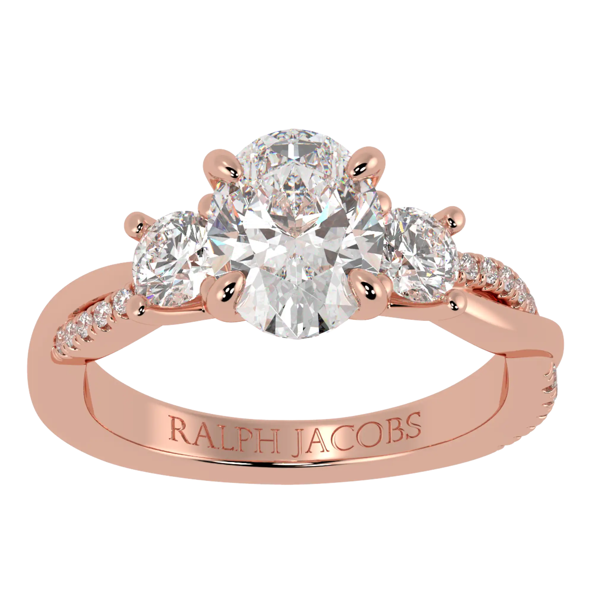 Bague de fiançailles Jasmine en or rose 14 carats avec trois pierres | Forme ovale