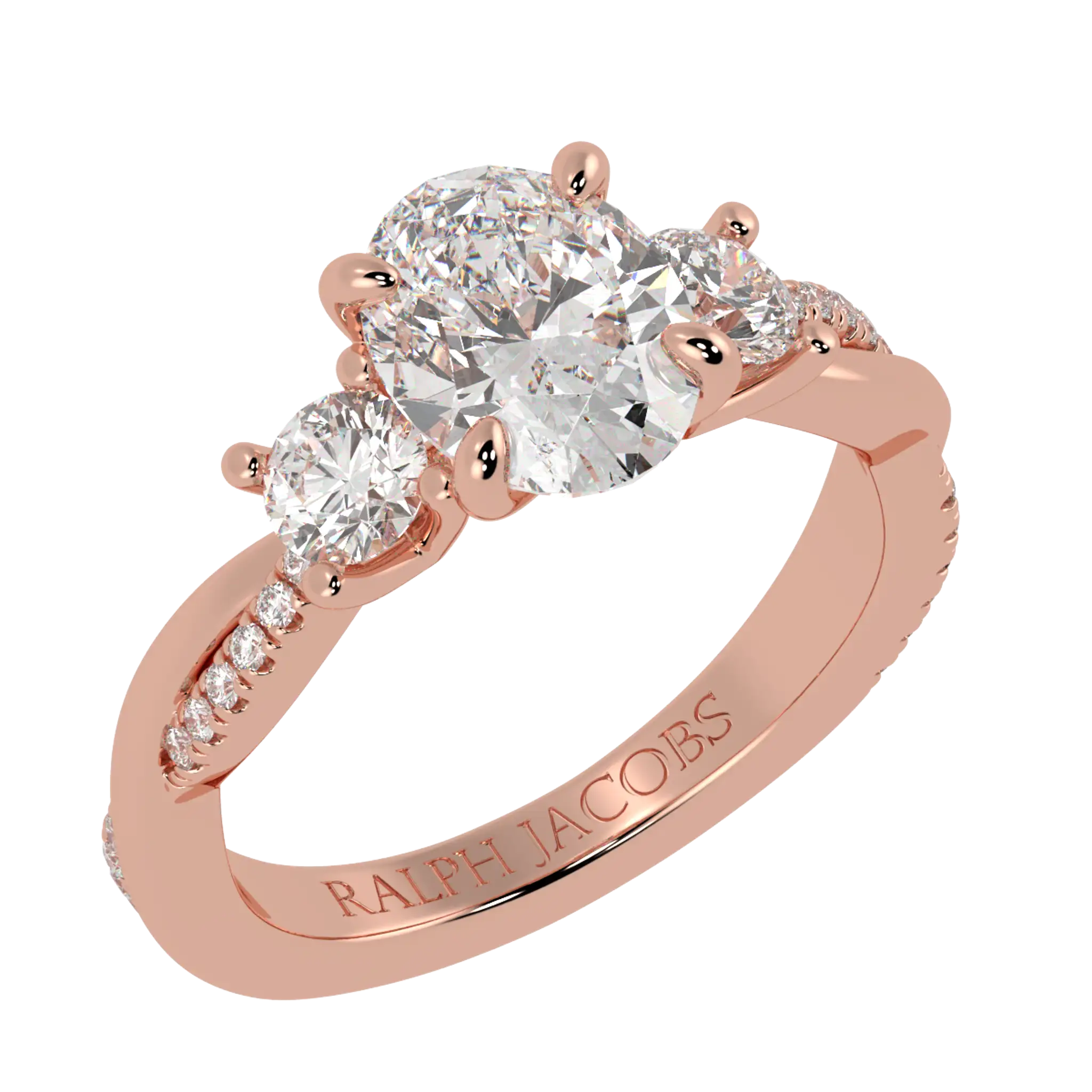 Jasmine 14K Rose Gold Three Stone Engagement Ring | Oval Shape