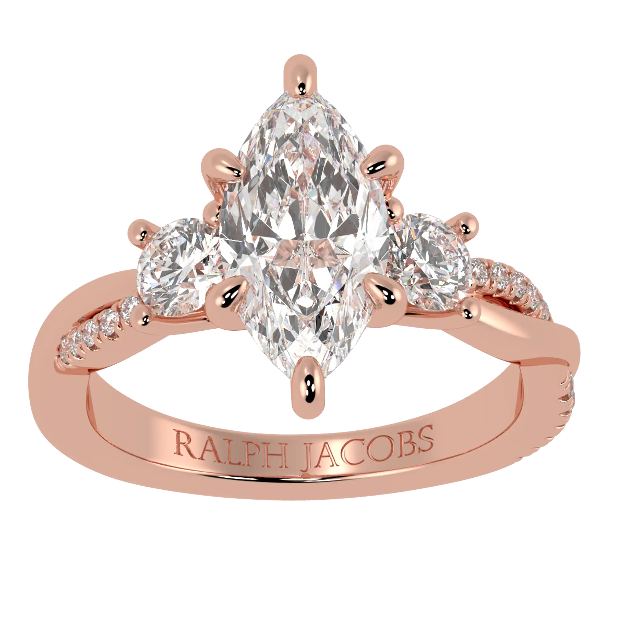 Bague de fiançailles Jasmine en or rose 14 carats avec trois pierres | Forme marquise