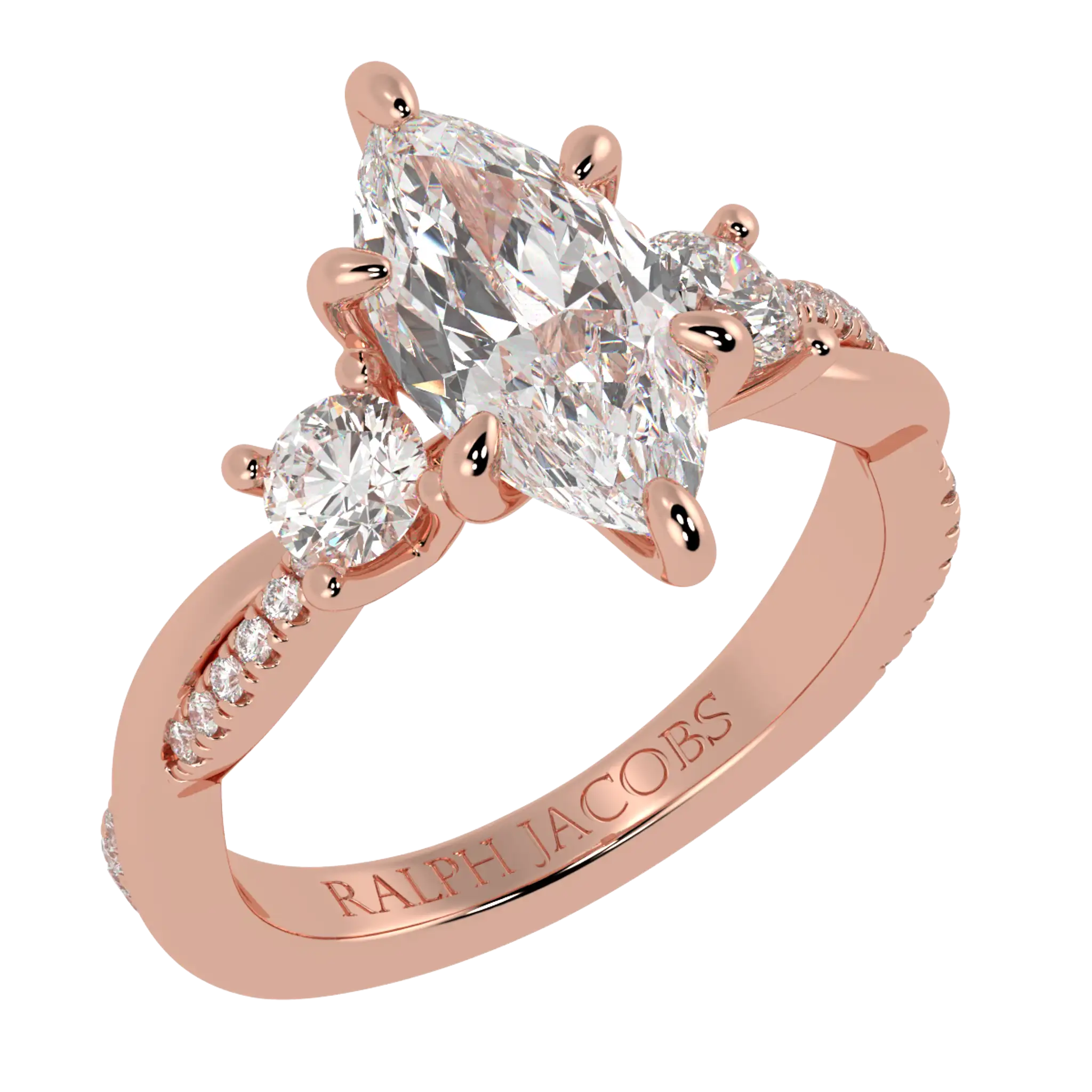 Bague de fiançailles Jasmine en or rose 14 carats avec trois pierres | Forme marquise