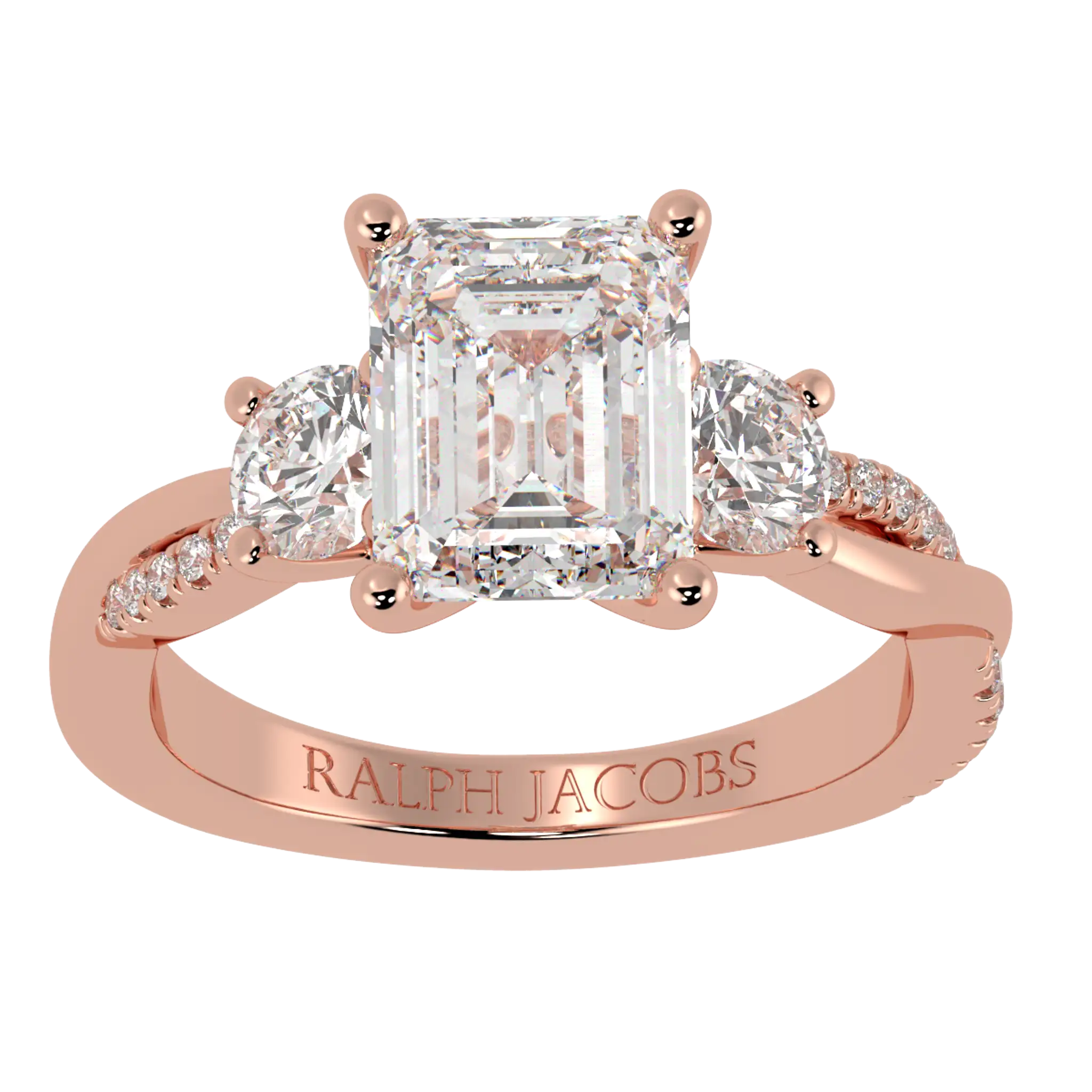 Bague de fiançailles Jasmine en or rose 14 carats avec trois pierres | Forme émeraude