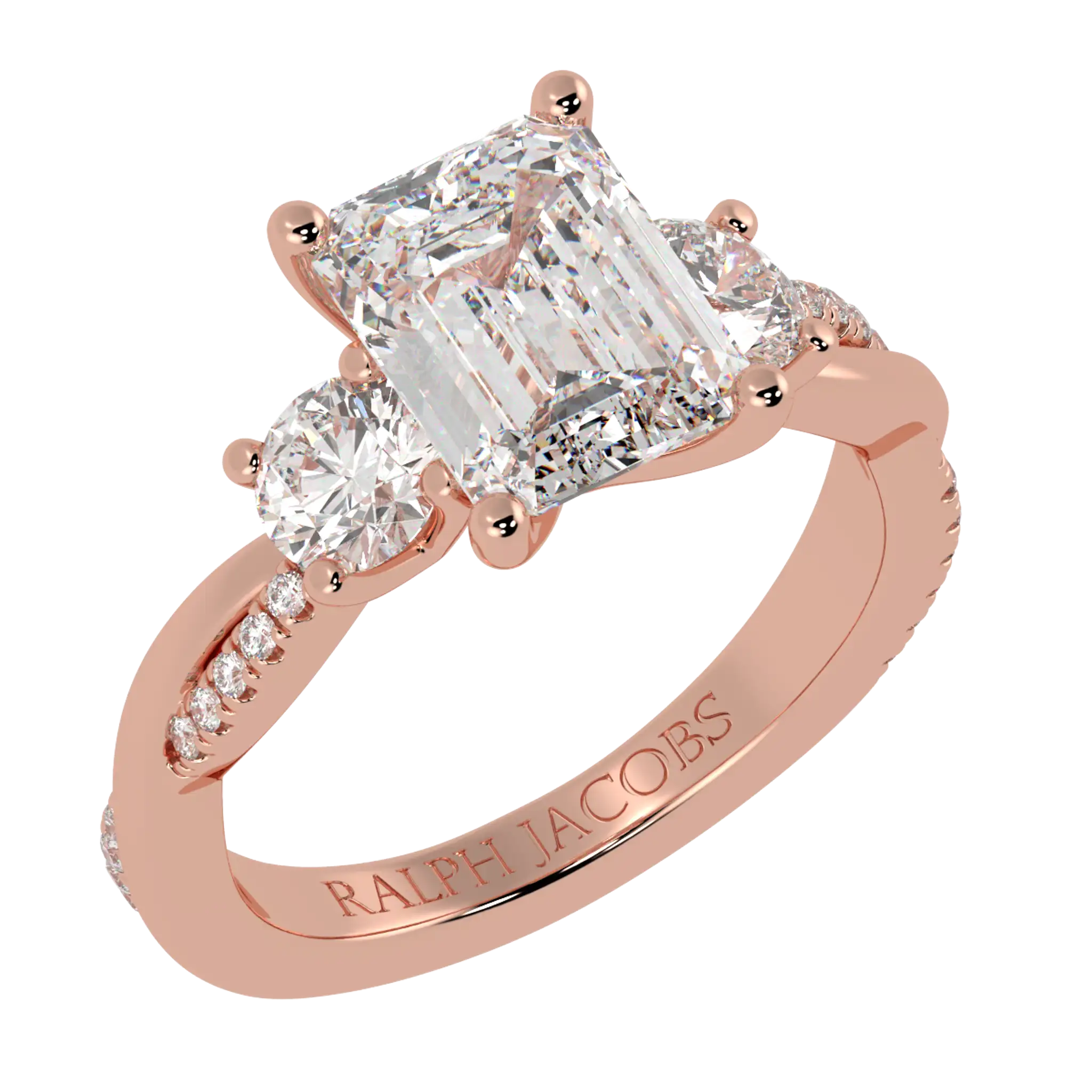 Bague de fiançailles Jasmine en or rose 14 carats avec trois pierres | Forme émeraude