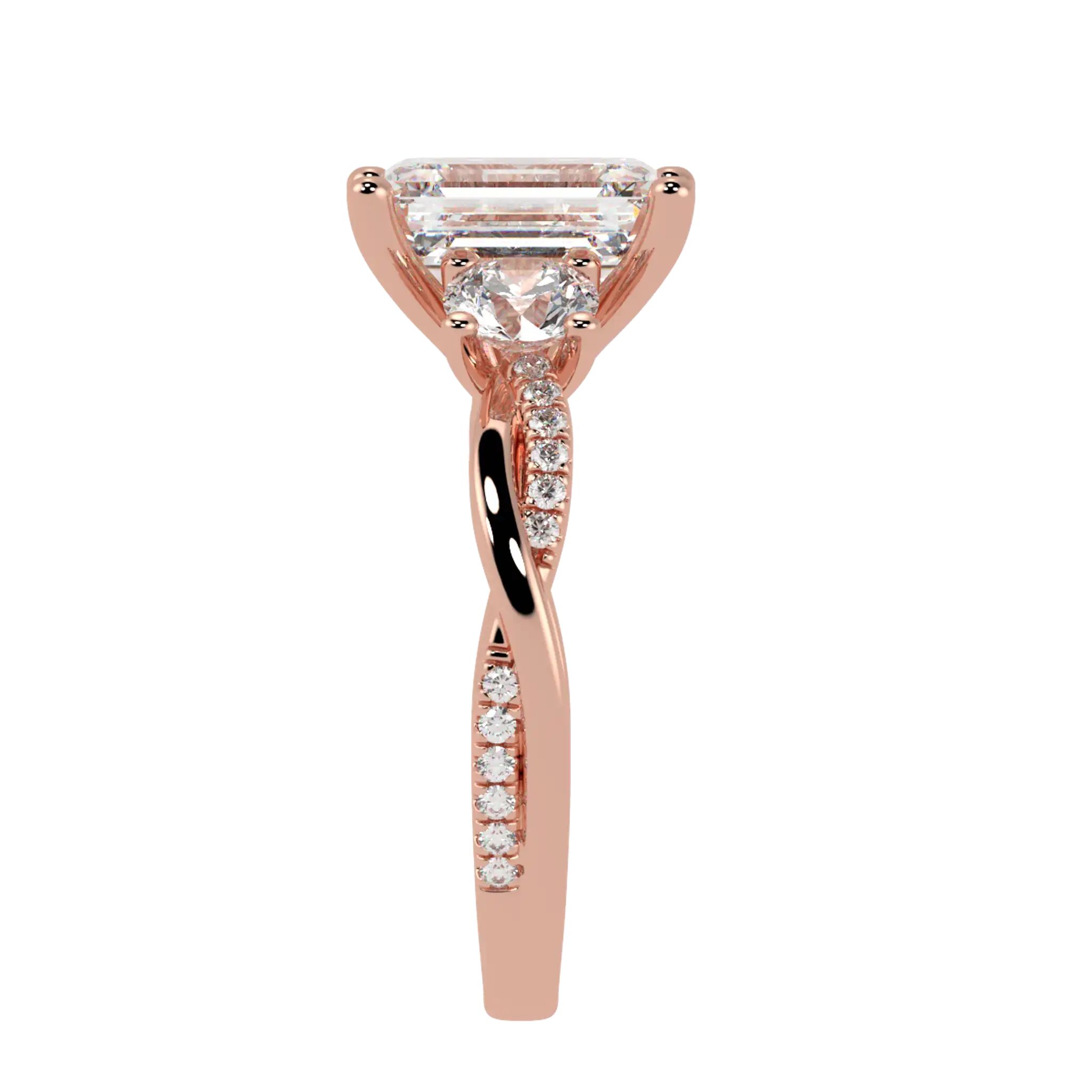 Bague de fiançailles Jasmine en or rose 14 carats avec trois pierres | Forme émeraude