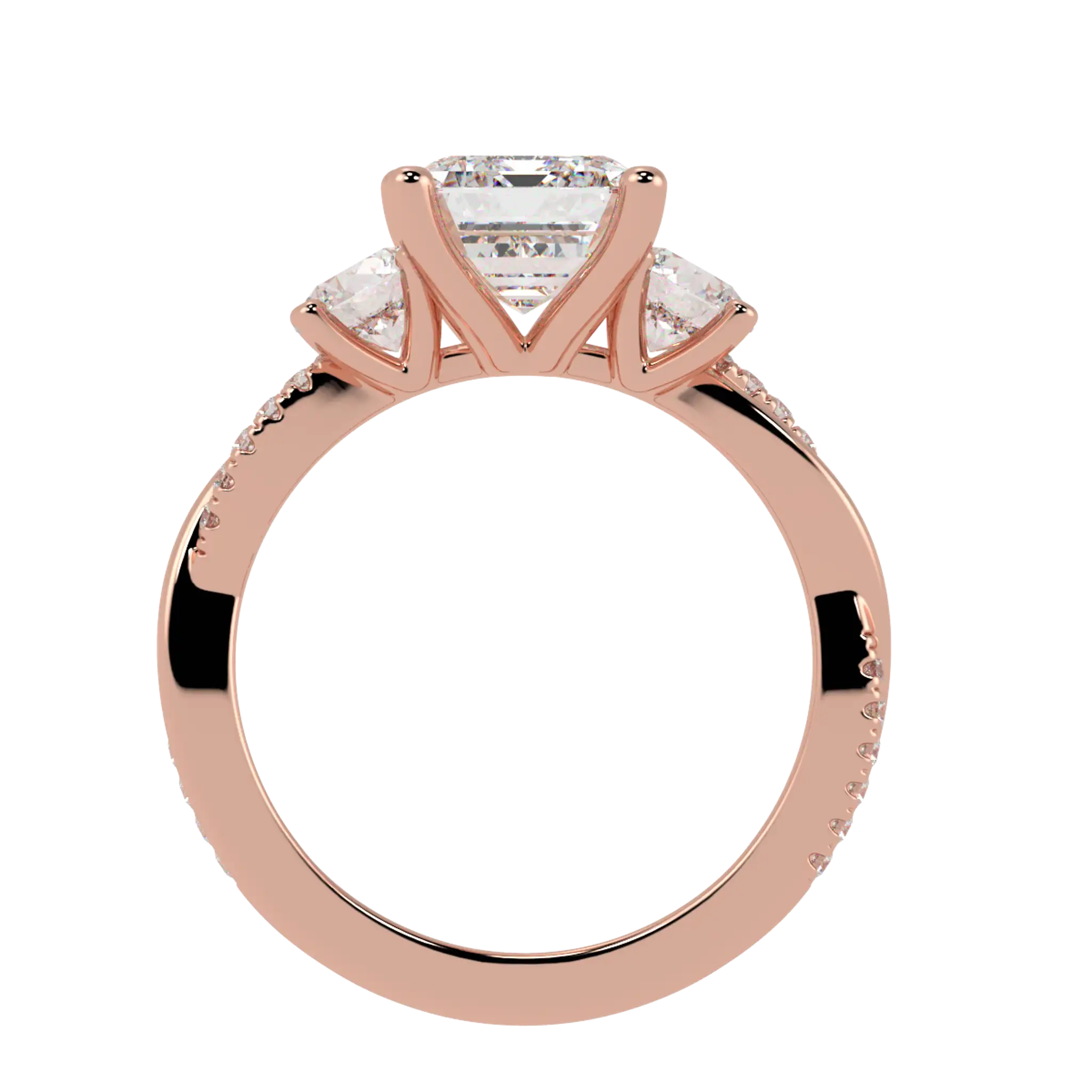 Bague de fiançailles Jasmine en or rose 14 carats avec trois pierres | Forme émeraude