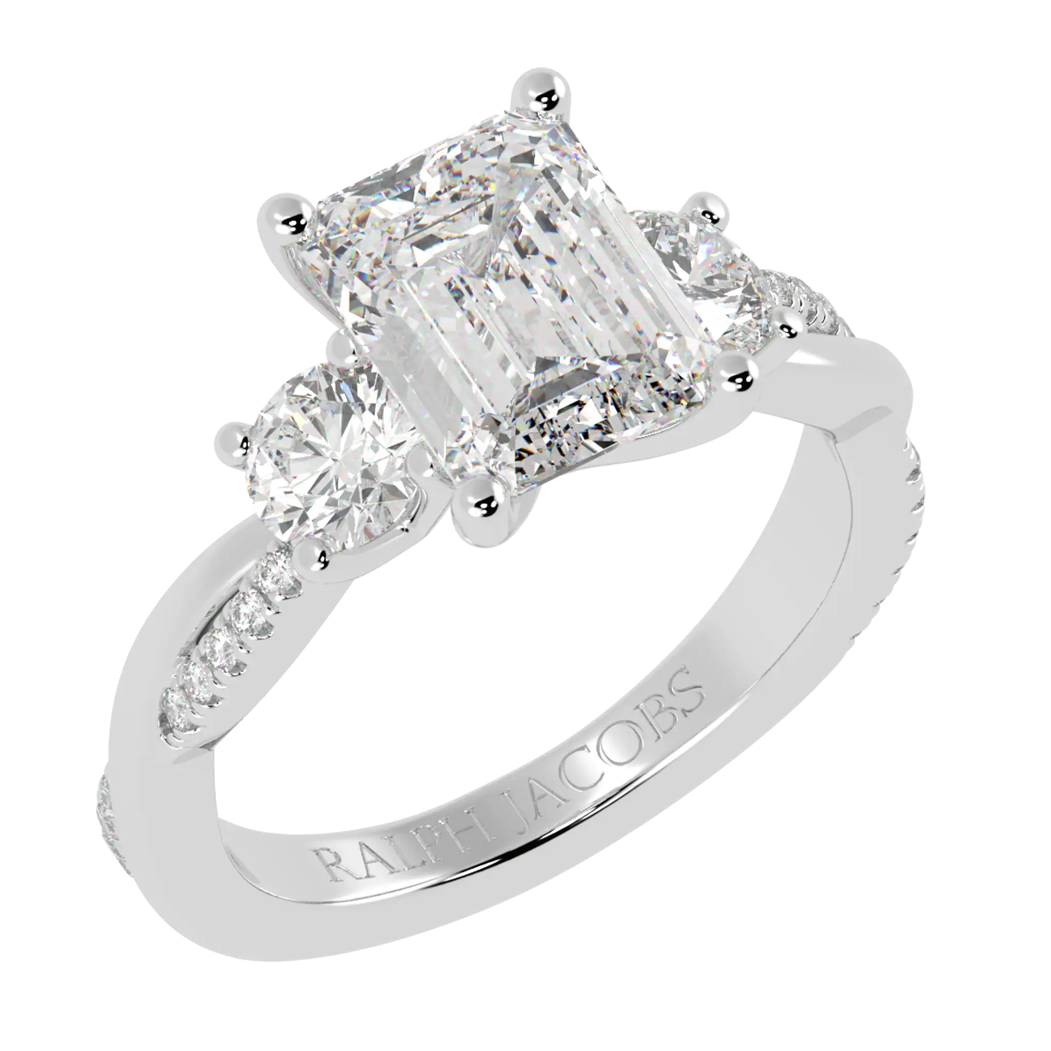 Bague de fiançailles à trois pierres en or blanc 18 carats Jasmine | Forme émeraude