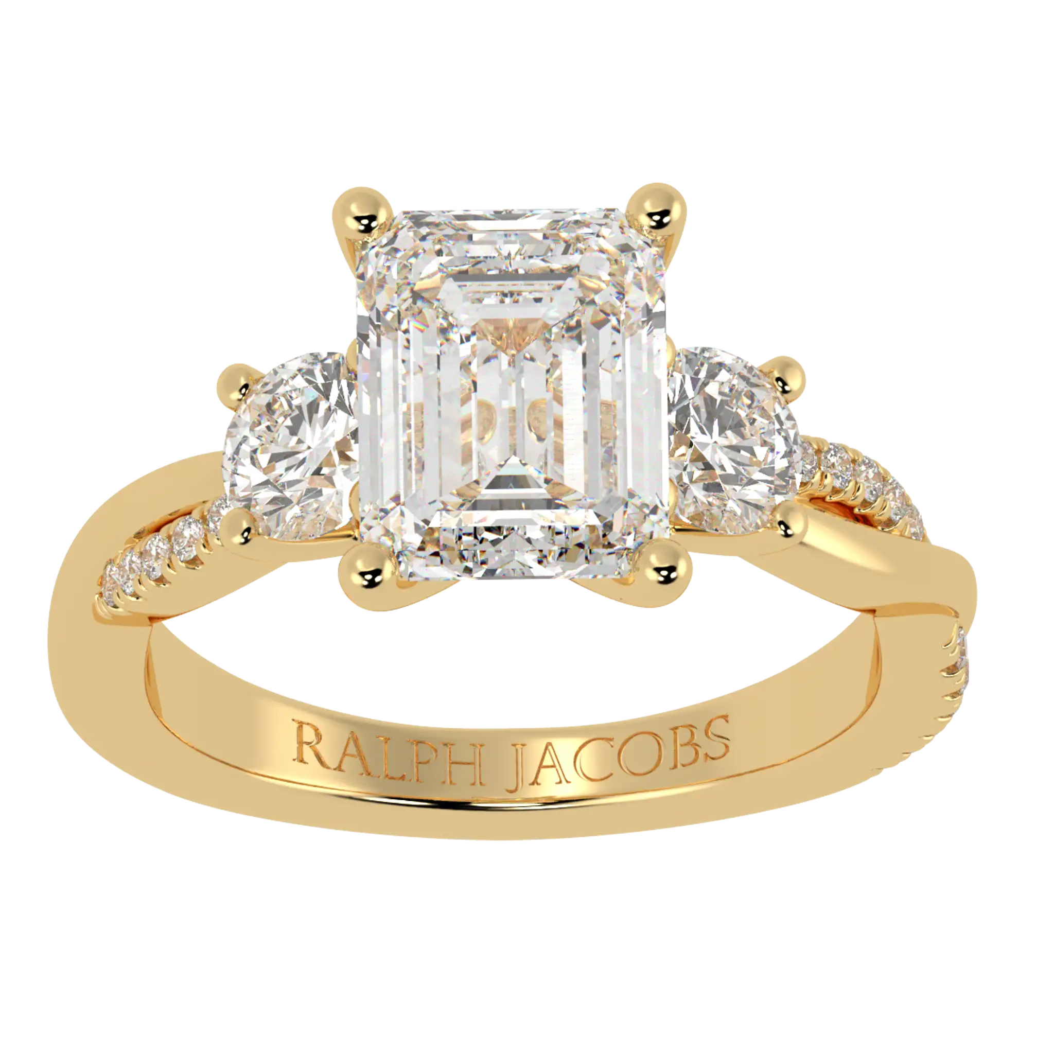 Jasmine 18K Yellow Gold Three Stone Engagement Ring | Emerald Shape