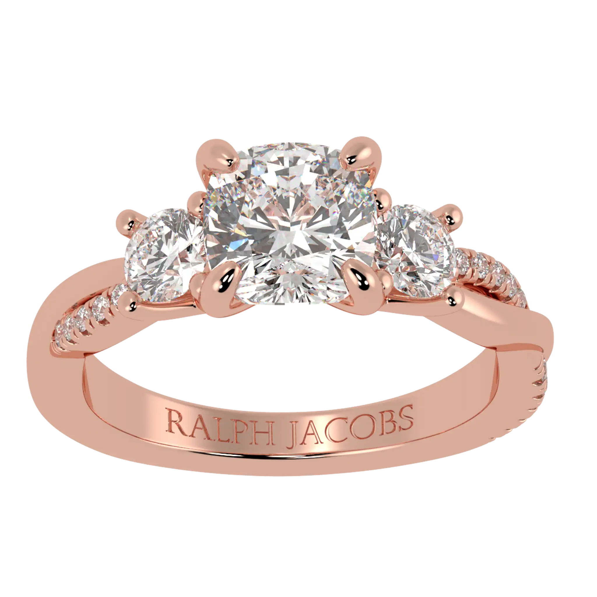 Jasmine 14K Rose Gold Three Stone Engagement Ring | Cushion Shape