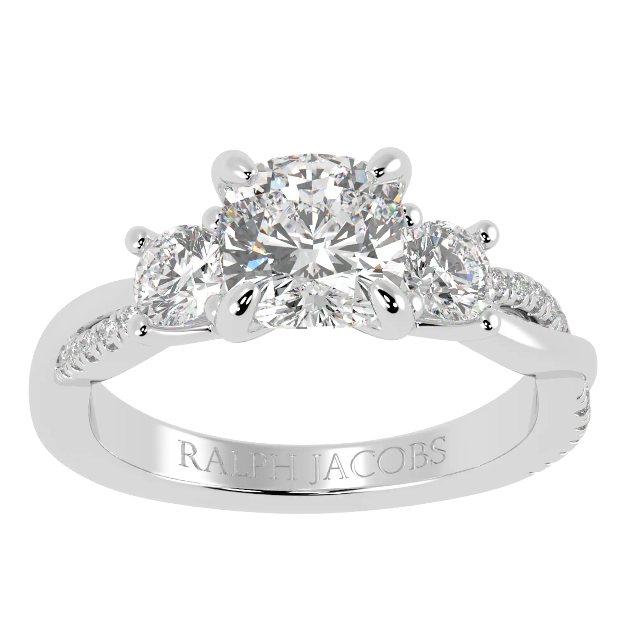 Jasmine 9K White Gold Three Stone Engagement Ring | Cushion Shape