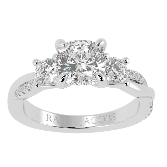 Jasmine Platinum Three Stone Engagement Ring | Cushion Shape