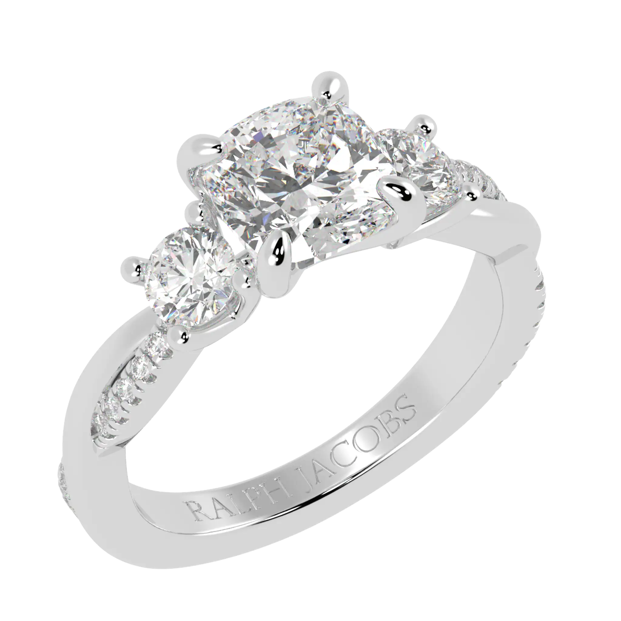 Jasmine 9K White Gold Three Stone Engagement Ring | Cushion Shape