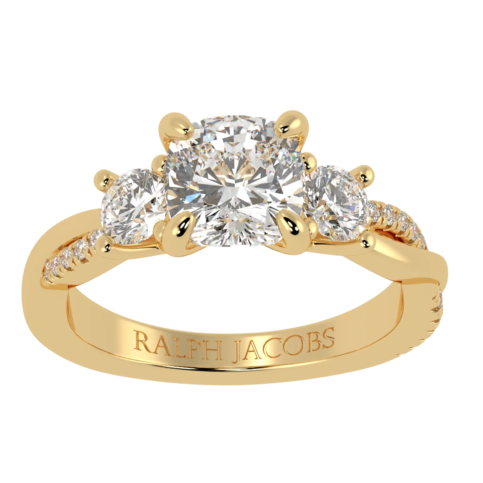 Jasmine 18K Yellow Gold Three Stone Engagement Ring | Cushion Shape