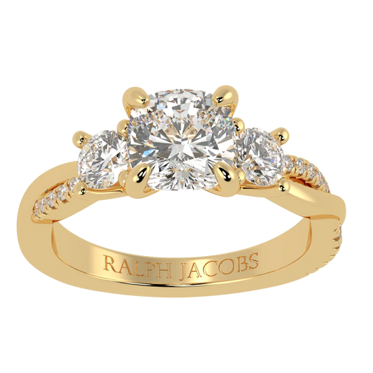 Jasmine 9K Yellow Gold Three Stone Engagement Ring | Cushion Shape