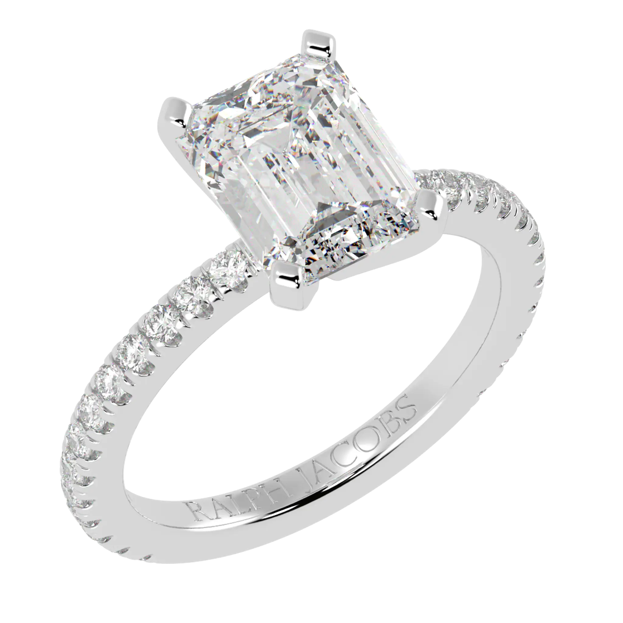 Bagues de fiançailles Nikki en or blanc 18 carats avec accents en moissanite | Forme émeraude