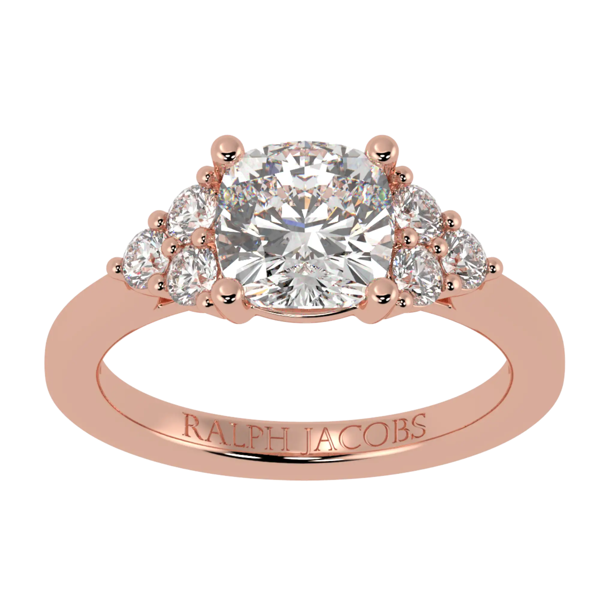 Bague de fiançailles en or rose 14 carats Carrie avec pierre latérale | Forme coussin