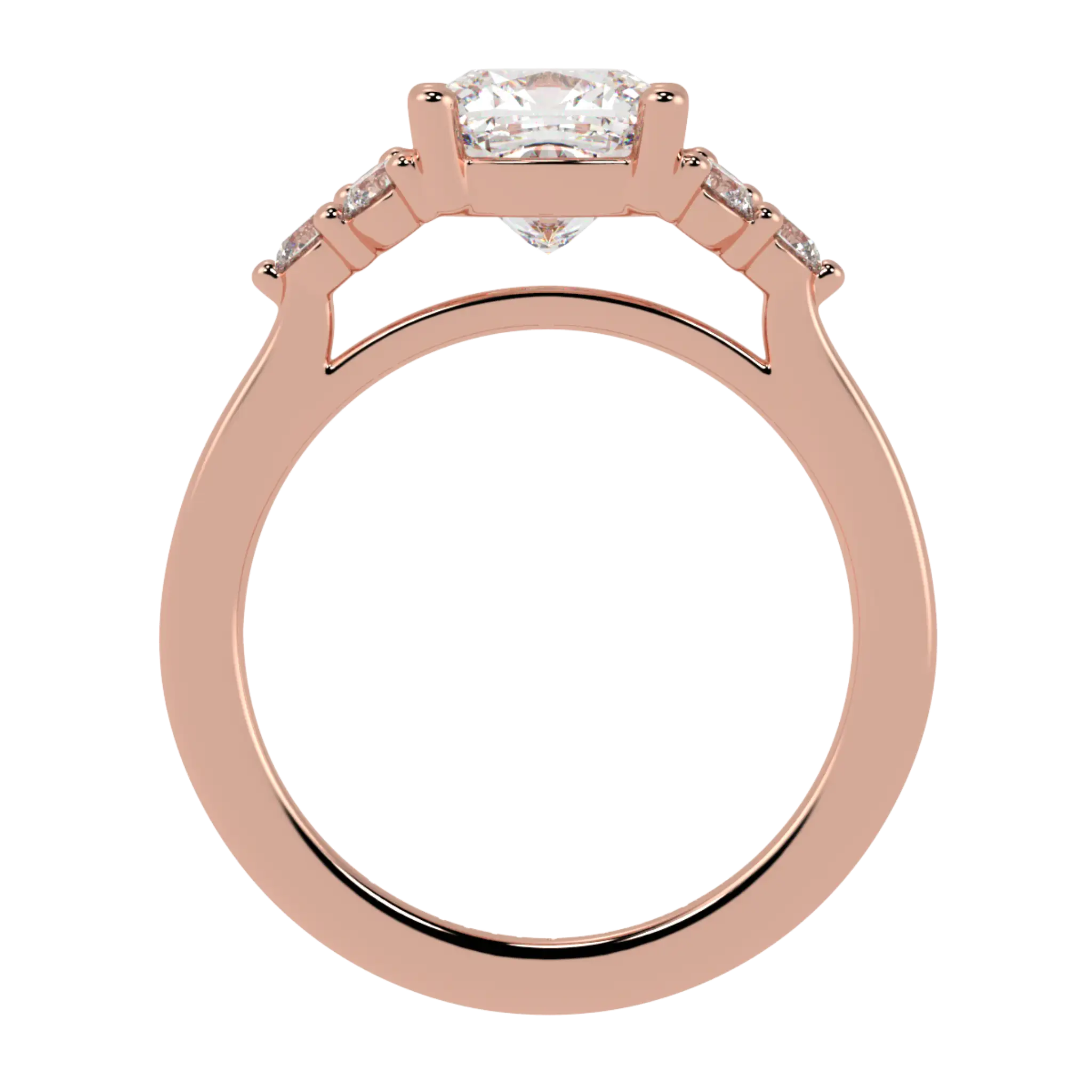 Bague de fiançailles en or rose 14 carats Carrie avec pierre latérale | Forme coussin