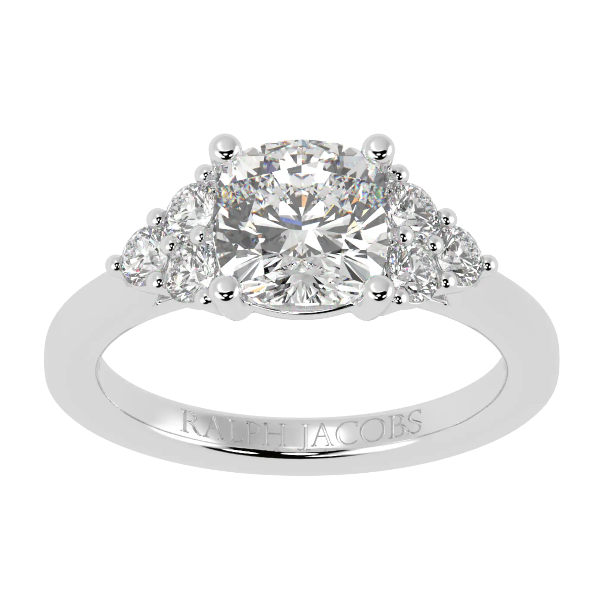 Carrie 18K White Gold Side Stone Engagement Ring | Cushion Shape