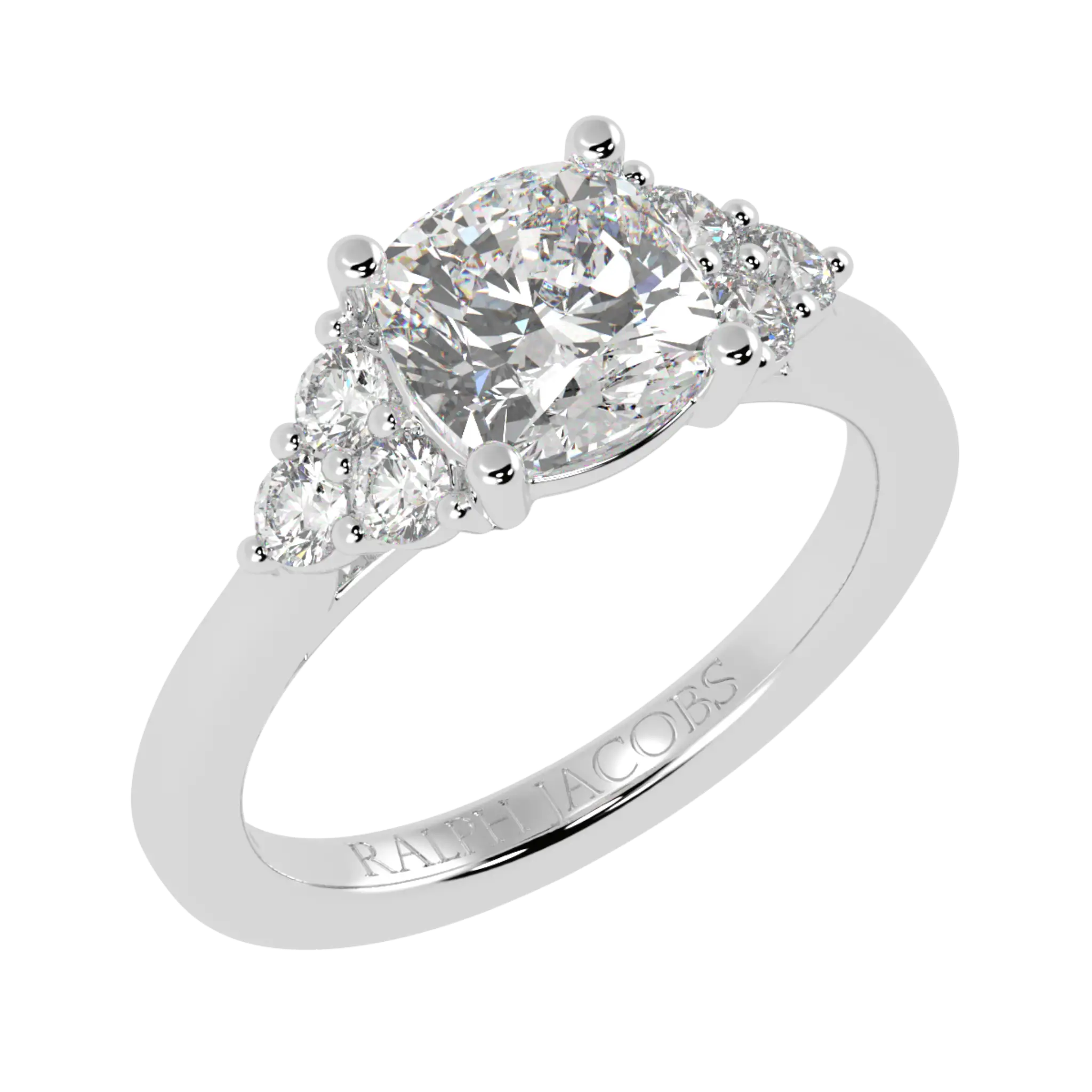 Carrie 18K White Gold Side Stone Engagement Ring | Cushion Shape