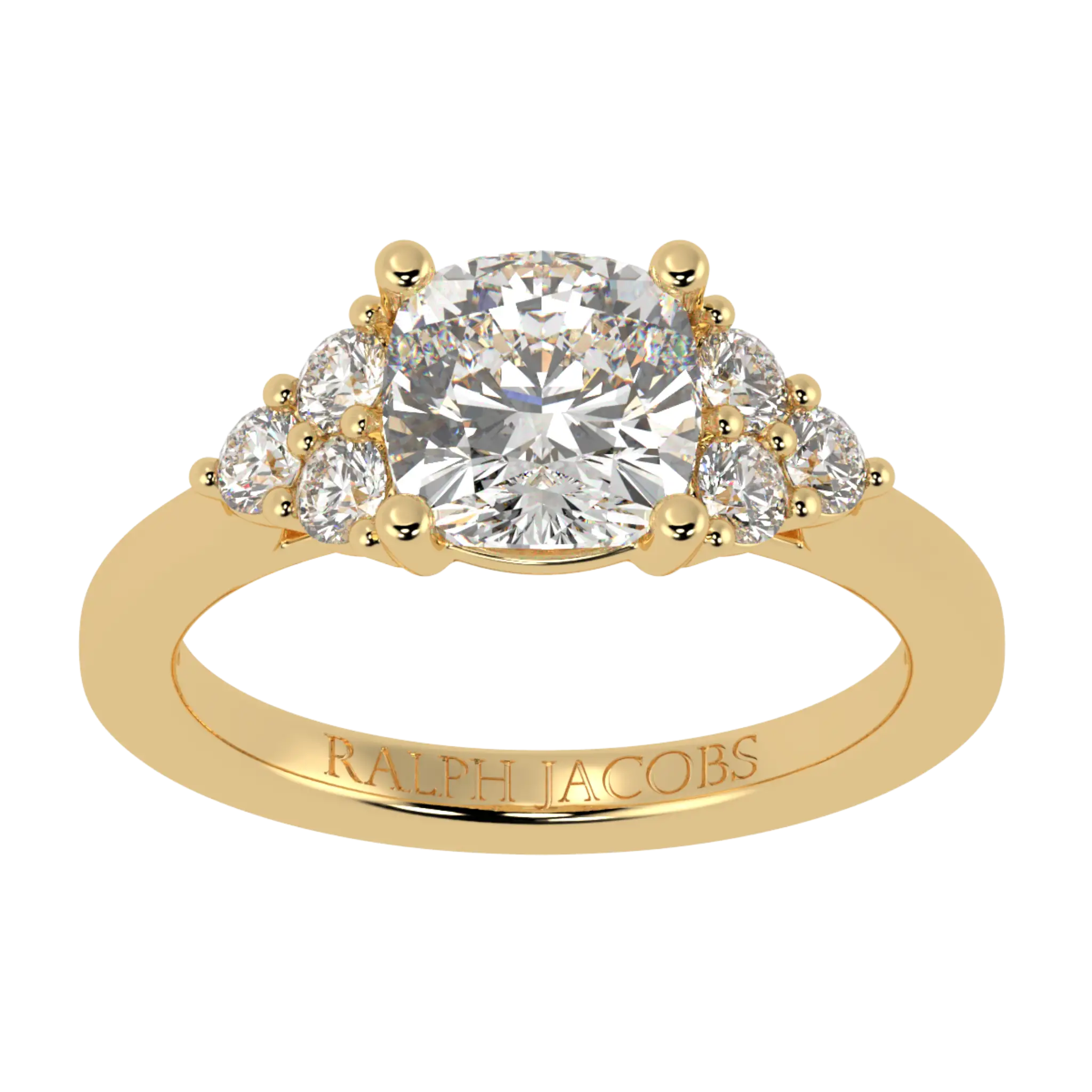 Carrie 18K Yellow Gold Side Stone Engagement Ring | Cushion Shape