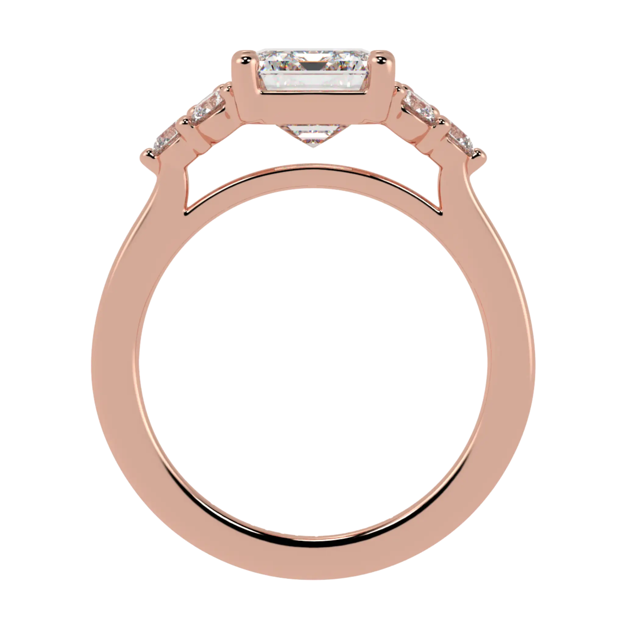 Bague de fiançailles en or rose 14 carats Carrie avec pierre latérale | Forme émeraude