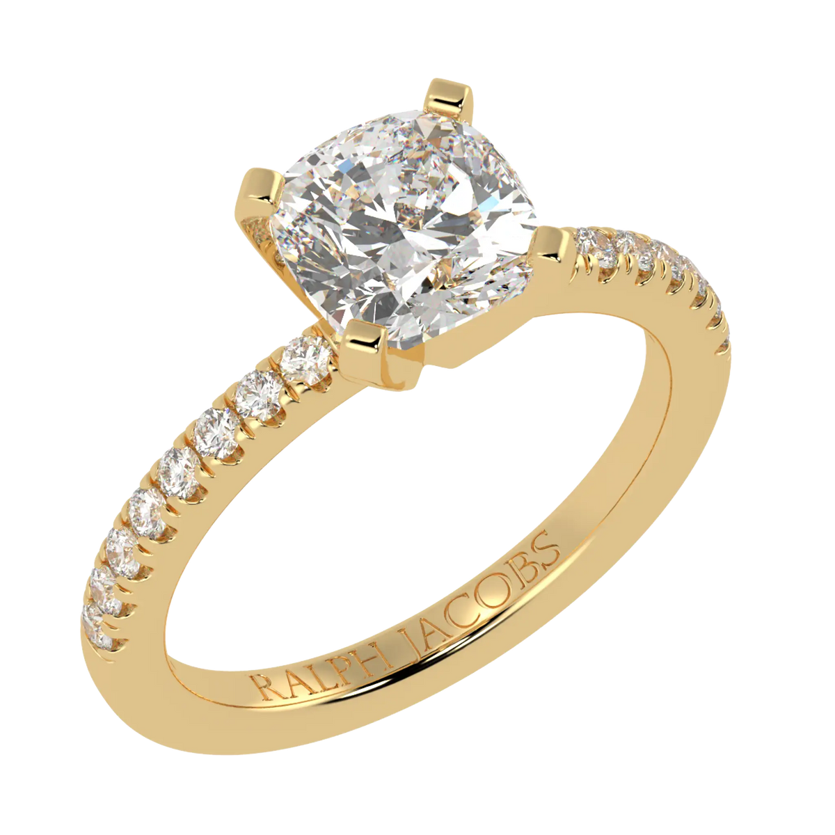 Nikki Accent – 9K Yellow Gold – 7mm Moissanite Cushion – Moissanite