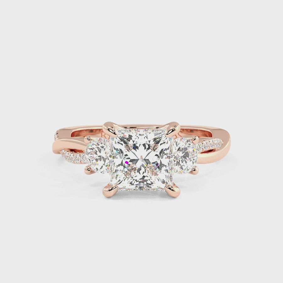 Jasmine 14K Rose Gold Three Stone Engagement Ring | Princess Shape