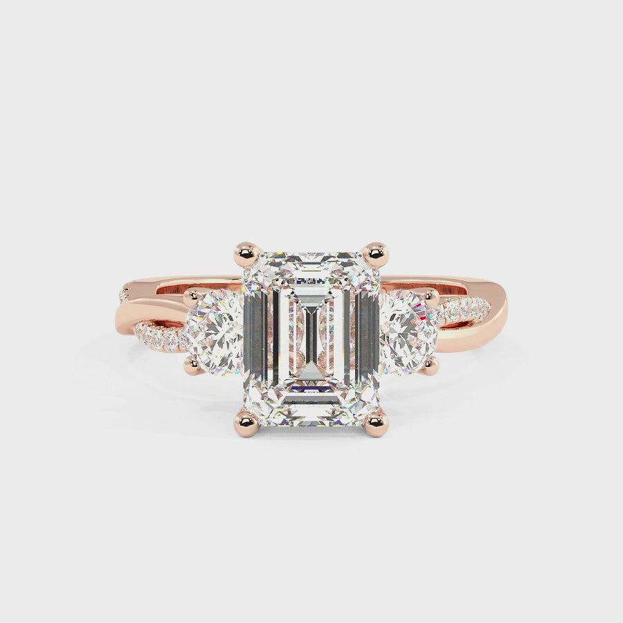 Jasmine 14K Rose Gold Three Stone Engagement Ring | Emerald Shape