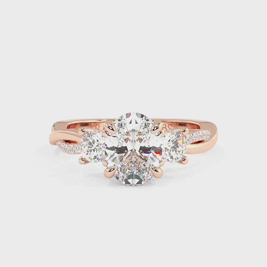 Jasmine 14K Rose Gold Three Stone Engagement Ring | Oval Shape