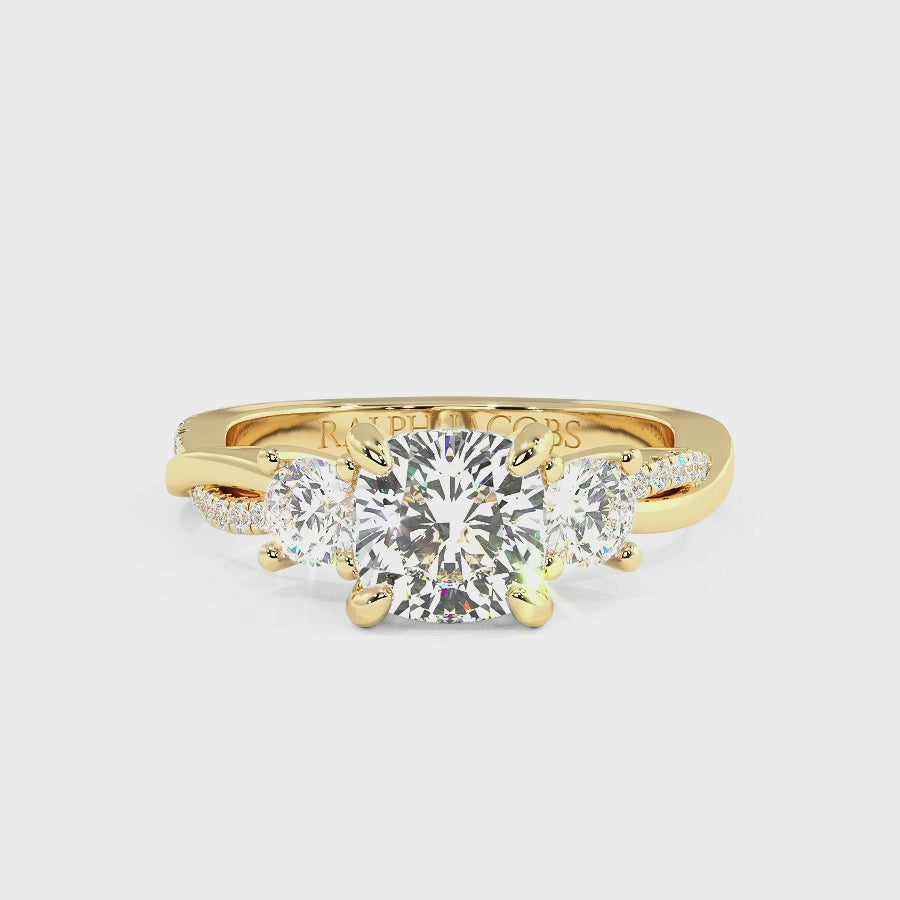 Jasmine 9K Yellow Gold Three Stone Engagement Ring | Cushion Shape