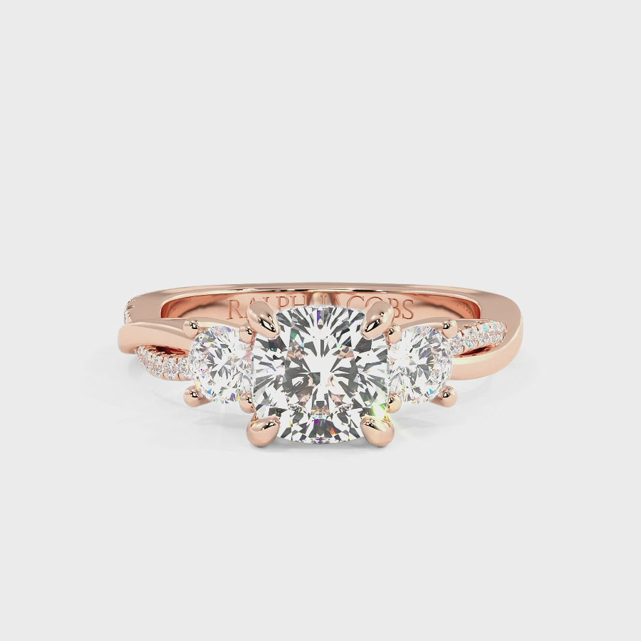 Jasmine 14K Rose Gold Three Stone Engagement Ring | Cushion Shape