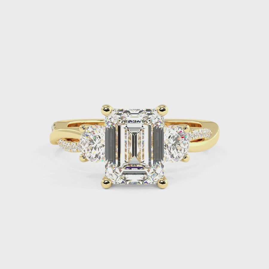 Jasmine 9K Yellow Gold Three Stone Engagement Ring | Emerald Shape